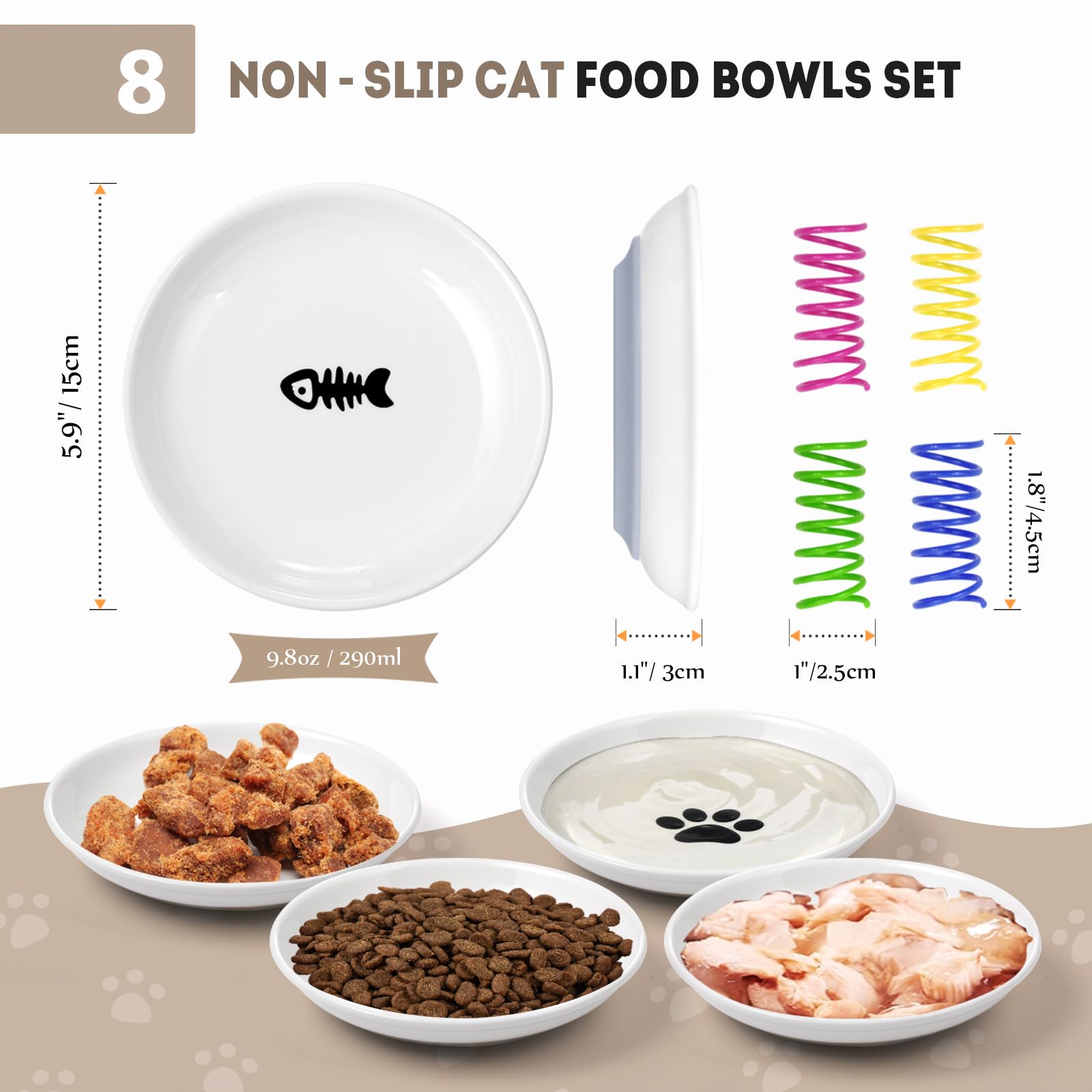 Ciotola piatta per gatti in ceramica, ciotola per cibo per gatti e baffi, per cibo umido e secco, ciotola per gatti antiscivolo, ciotola per gatti con 4 giocattoli per gatti (8 pezzi)