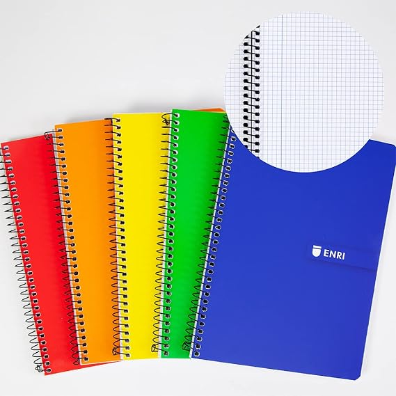 Enri, A5 Notebooks (4º) 4x4 Square, Soft Cover, 80 Sheets, Pack 5 Notebooks, Assorted Colours