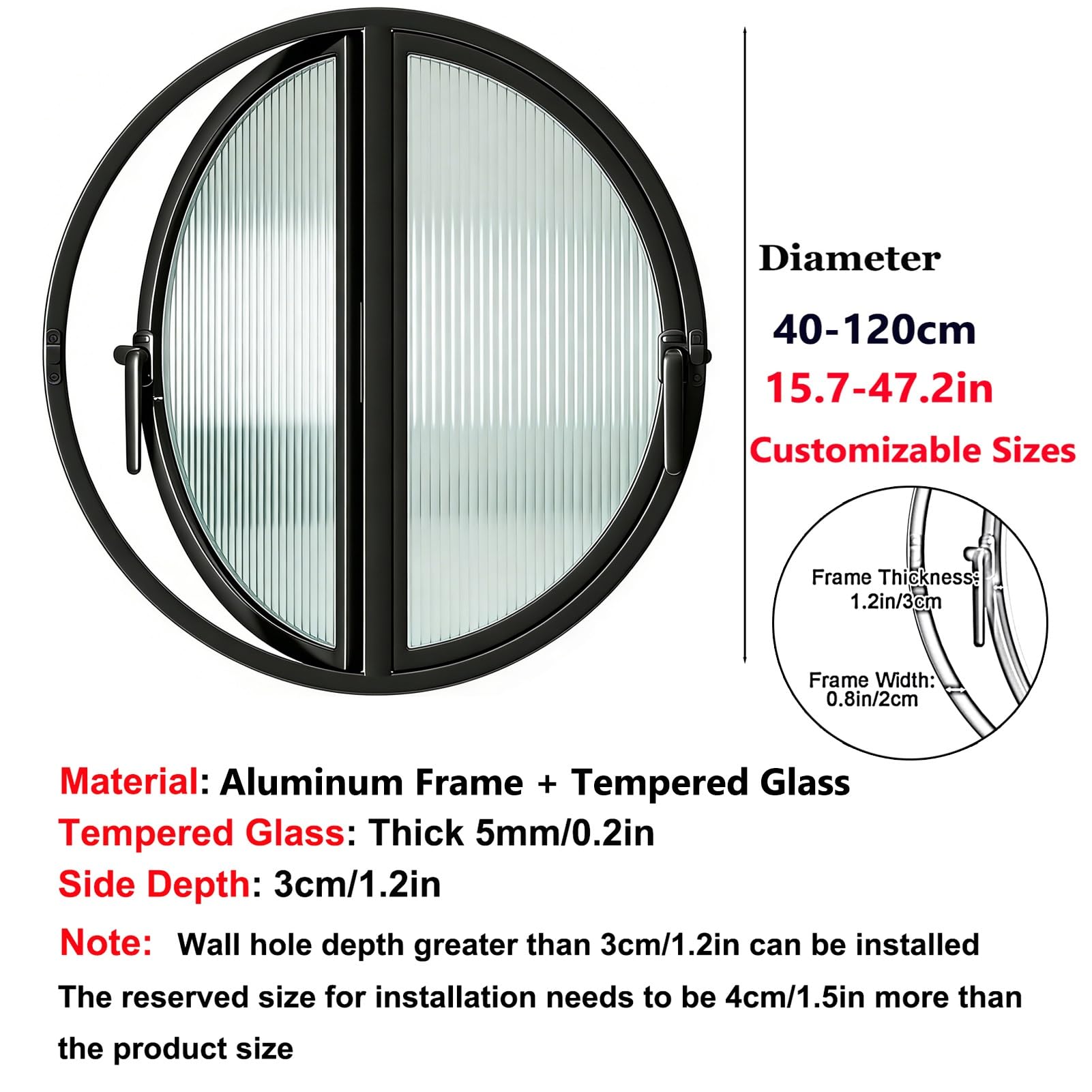 Ventana Ventana Abatible Redonda, Ventanas De Vidrio Transparente De Doble Apertura con Mango para Baño, Sala De Estar, Cocina, Decoración del Hogar(Black,107 cm/42.1 in)