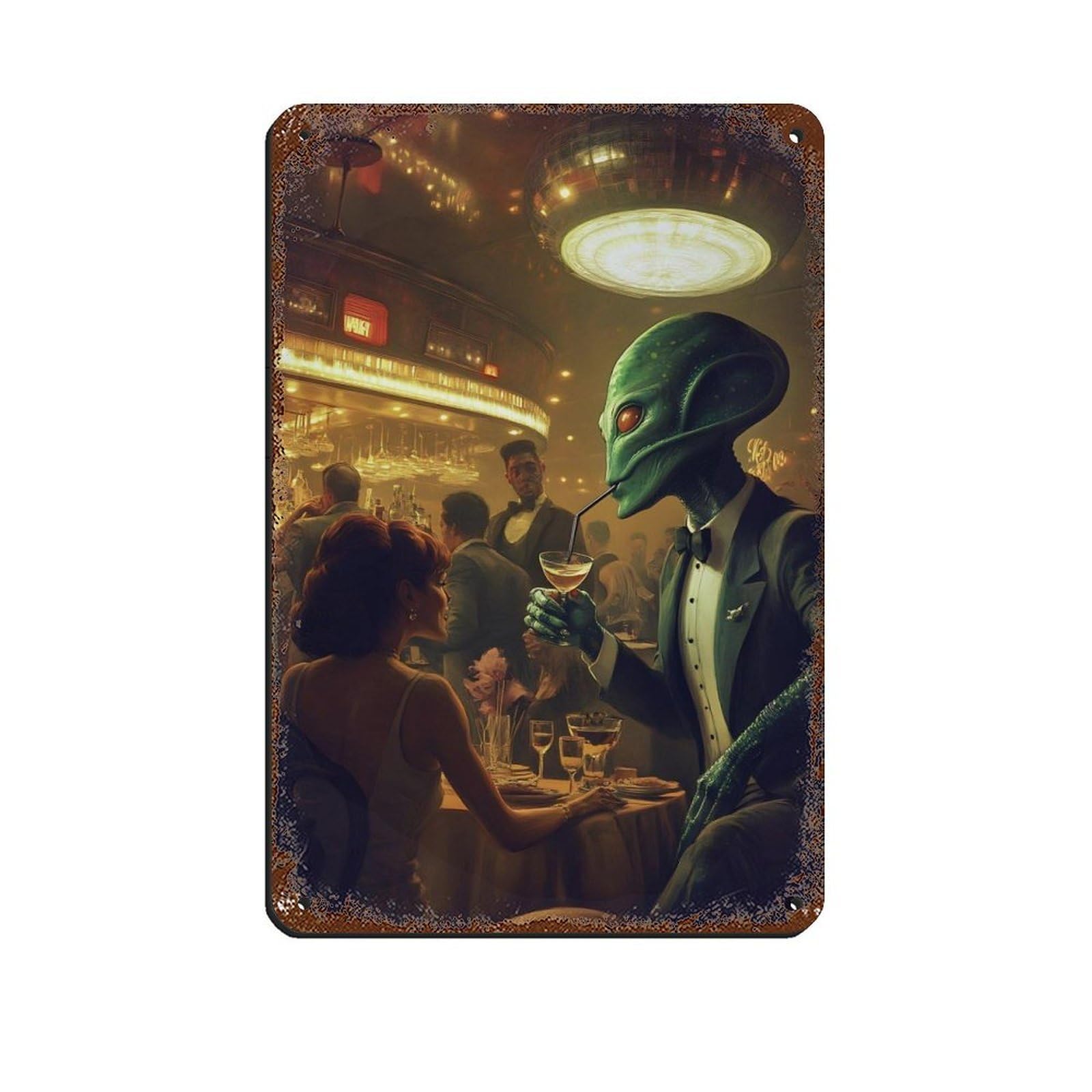 Vintage Alien in Tuxedo, Sci Fi Bar Scene Tin Sign Vintage Metal Pub Club Cafe Bar Home Wall Art Decoration Poster Retro 8x12inch(20x30cm)