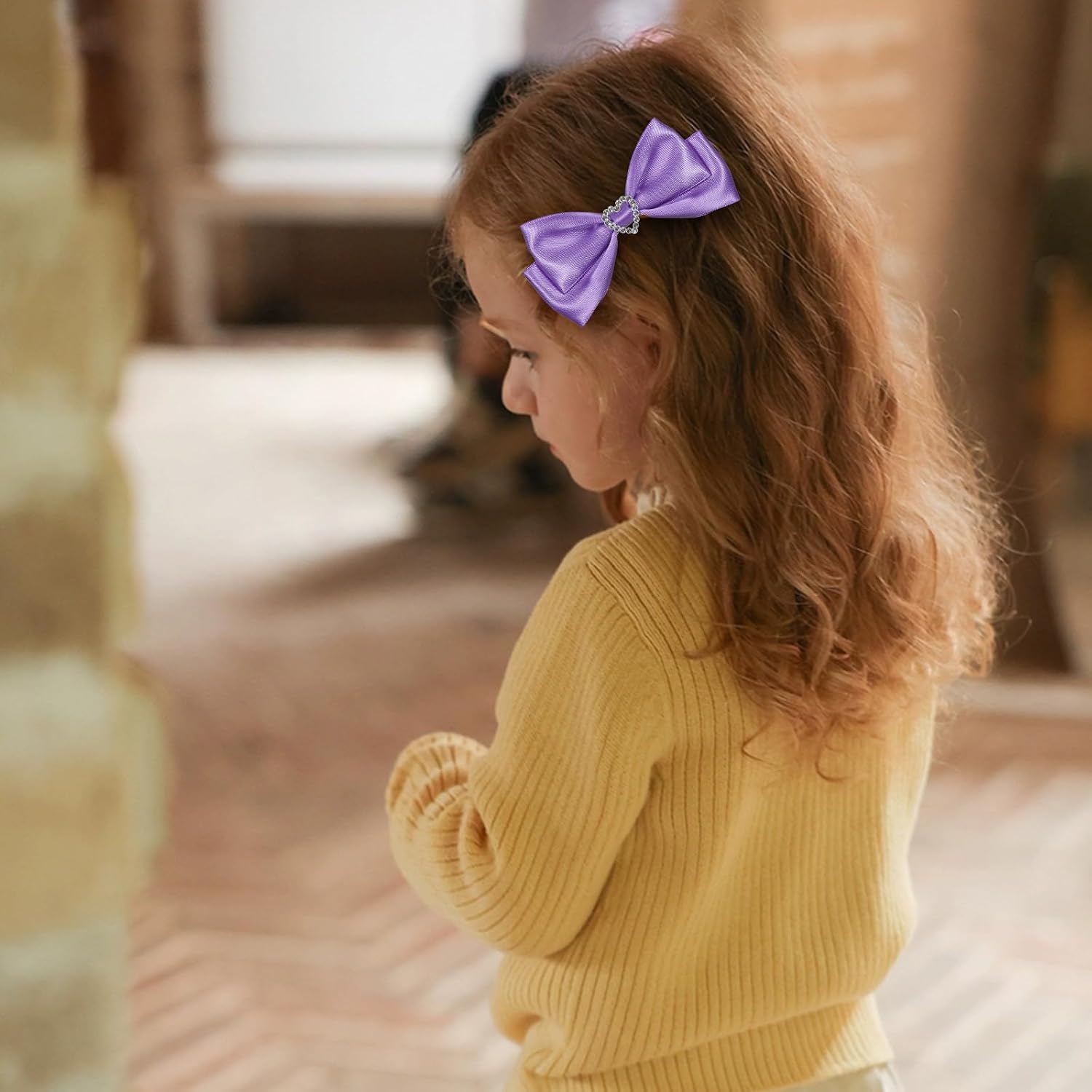Purple Satin Hair Bow Clips, Christmas Valentine School Hairpins with Heart Rhinestones,Handmade Bowknot Hair Accessories for Kids Girls New Year Decor image 2