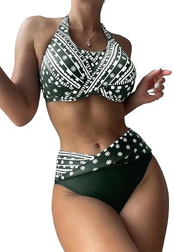 WDIRARA Traje de baño de bikini con estampado floral tropical y cordón cruzado para mujer