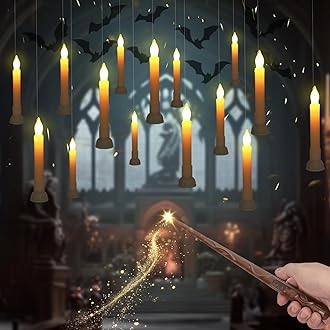 Homemory 12 Pcs Hanging Floating Candles with Wand Remote (Battery Include), Magic Deco Candles, Flameless Taper Candles Can be Used as Window Candles for Halloween Party Decor, Warm White
