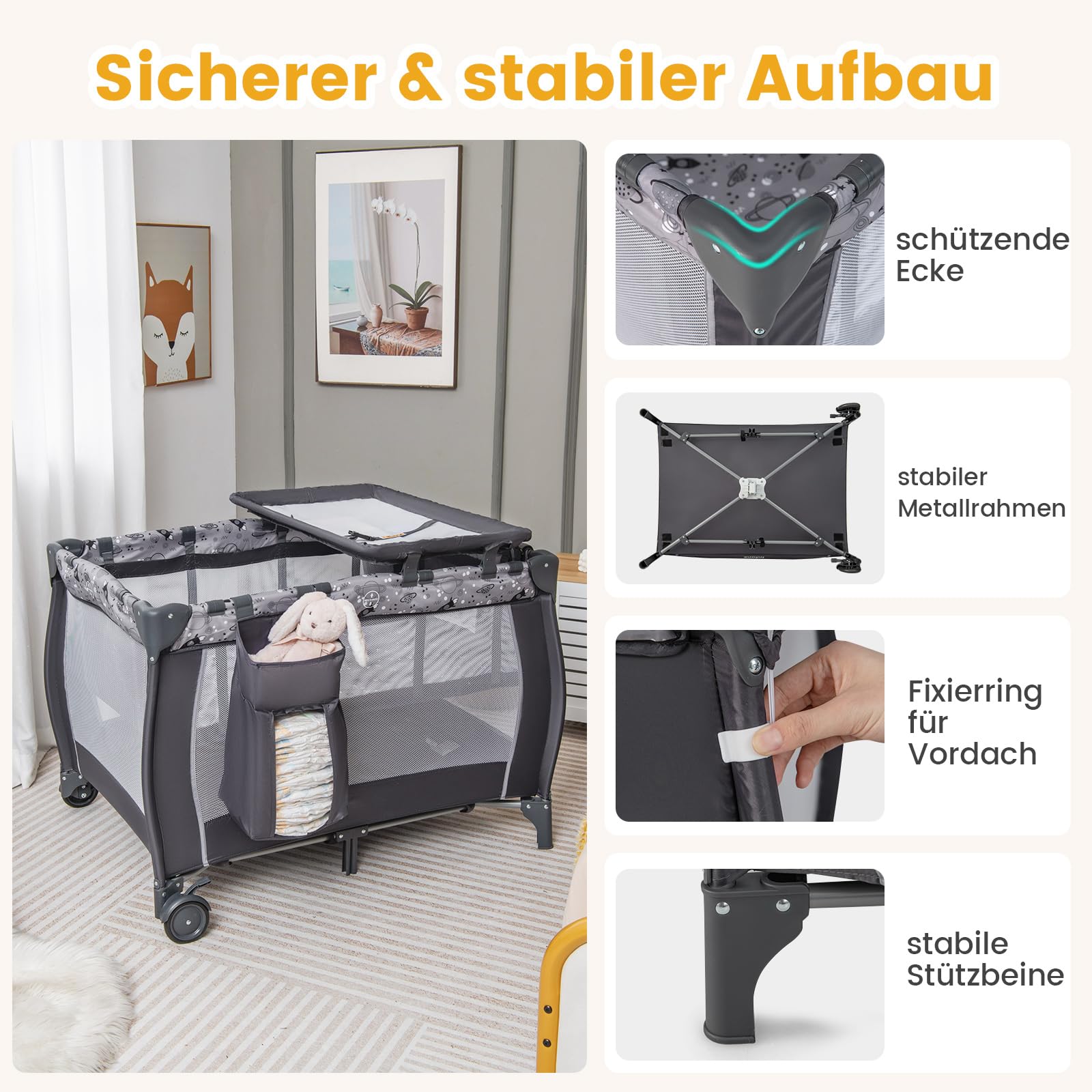 COSTWAY 4 in 1 Beistellbett, tragbares Reisebett mit faltbaren Matratze, Babybett mit Wickeltisch, Baldachin, Spielbogen & Spieluhr, Stubenwagen mit Rollen, Tragetasche für Baby bis 36 Monaten (Grau)