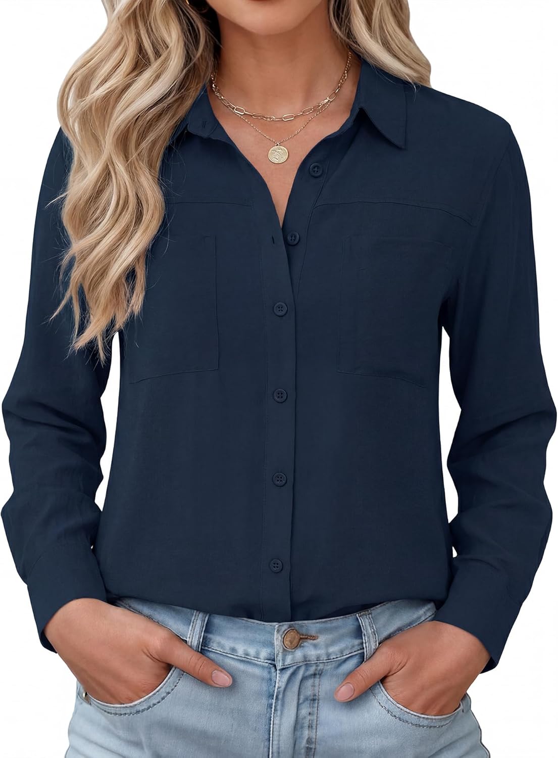 Kistore Womens Button Down Shirts Striped Linen Long Sleeve Blouses Business Casual Office Work Tops Loose Fit with Pockets