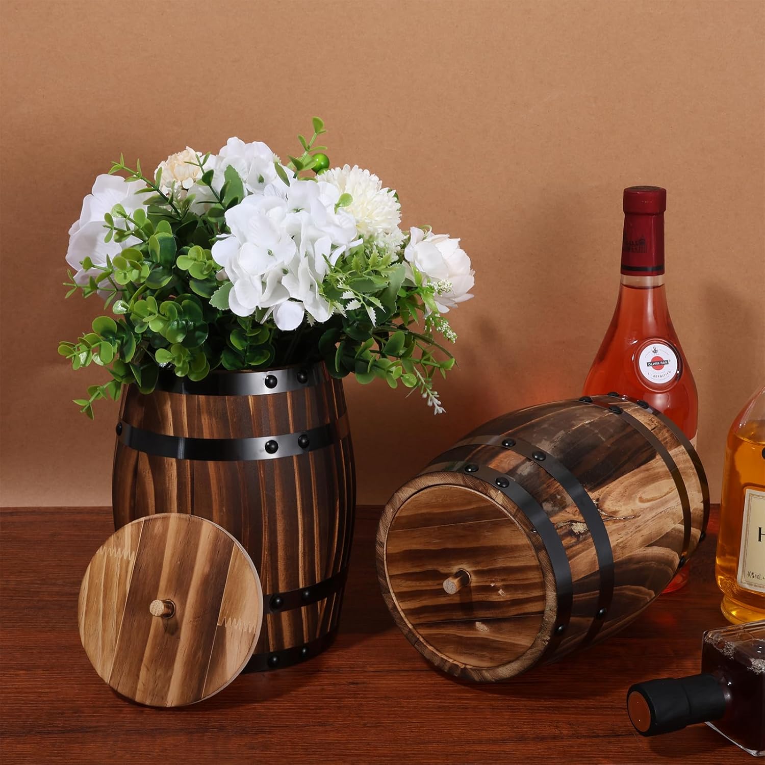 2 Pcs Wood Wine Barrel Vase Set Wooden Flower Planters Rustic Barrel Flower Vase Container for Home Indoor Outdoor Garden Kitchen Wedding Reception Party Table Decoration