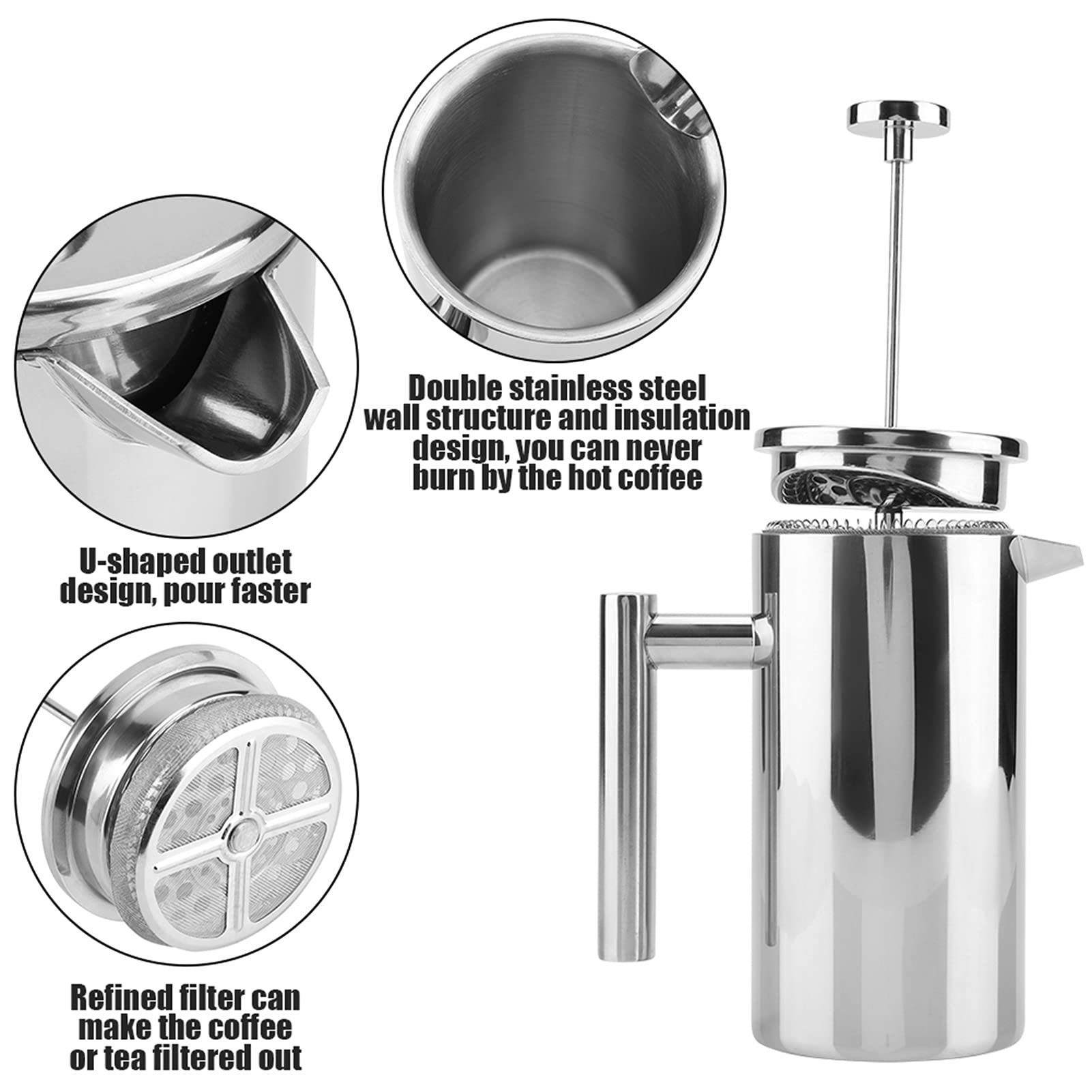 Prensa cafetera, olla de prensa francesa de doble pared de acero inoxidable con filtro para café, té(1000 ml)