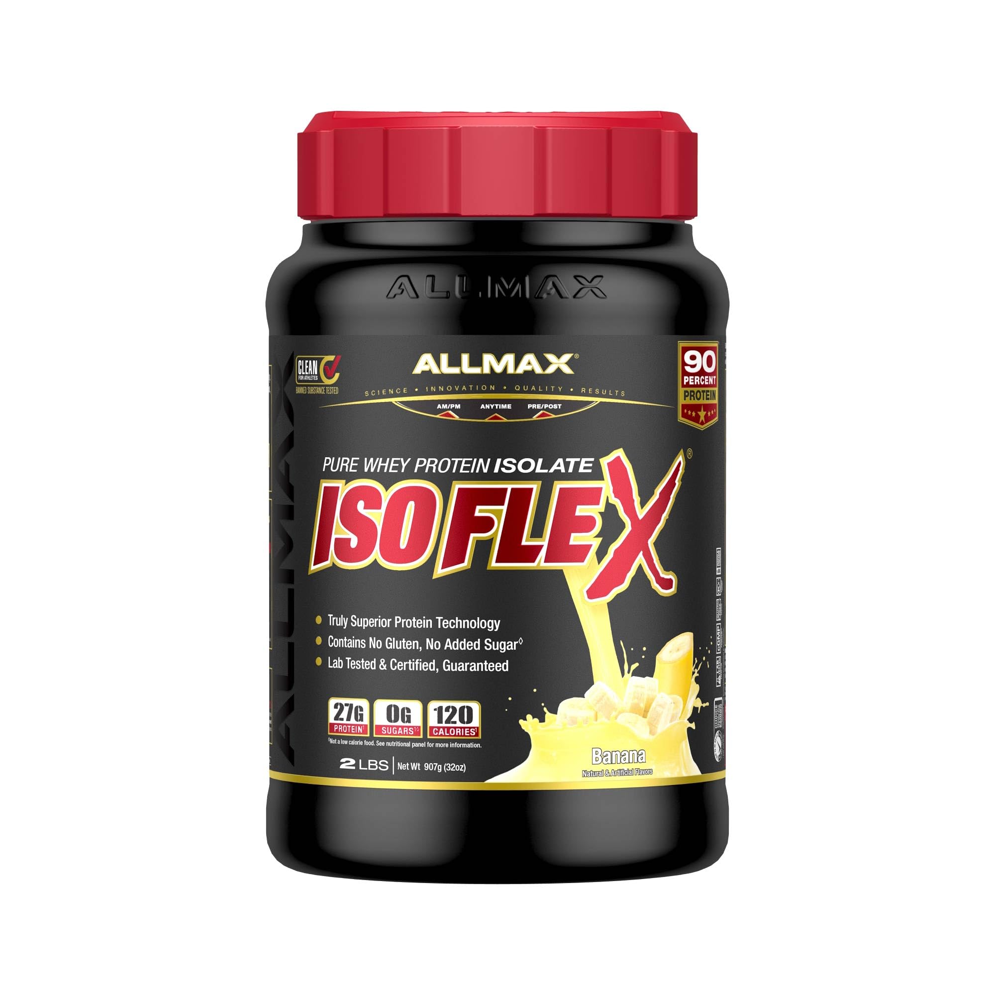 ALLMAX ISOFLEX Whey Protein Isolate, Banana - 2 lb - 27 Grams of Protein Per Scoop - Zero Fat & Sugar - 99% Lactose Free - Gluten Free & Soy Free - Approx. 30 Servings