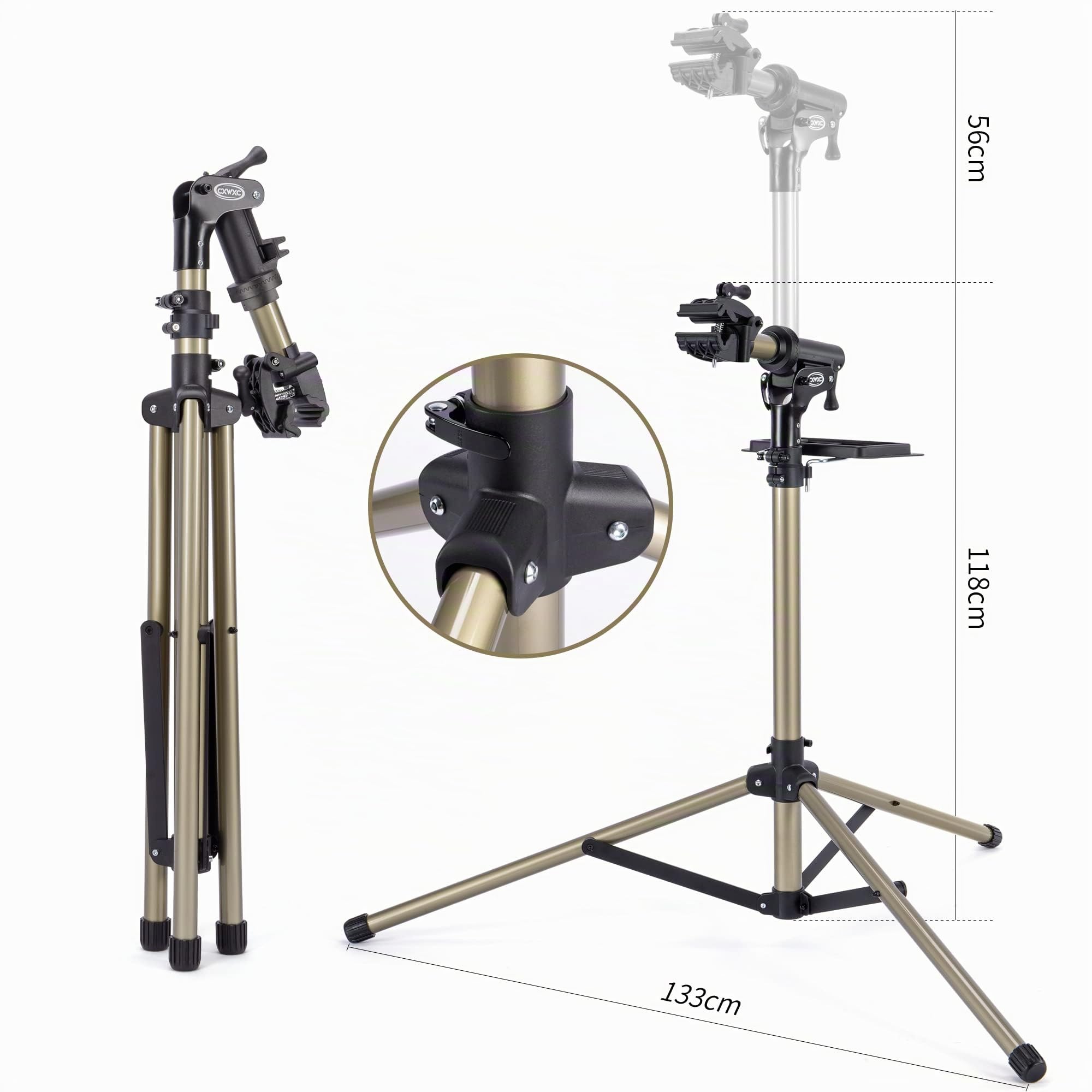 CXWXC Support de montage de vélo avec plateau à outils magnétique, charge jusqu'à 60 livres en alliage d'aluminium Support de réparation de vélo réglable en hauteur, pliable et rotatif à 360 °