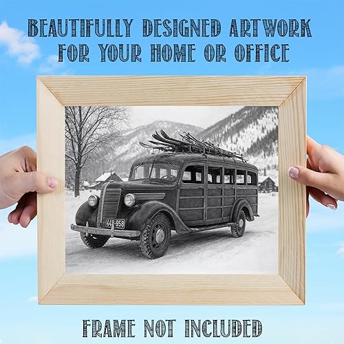 Miniatura 9 de Póster vintage de autobús de esquí de 11 x 14 pulgadas, sin marco, impresión retro de transporte de invierno con vehículo de nieve Woodie antiguo,