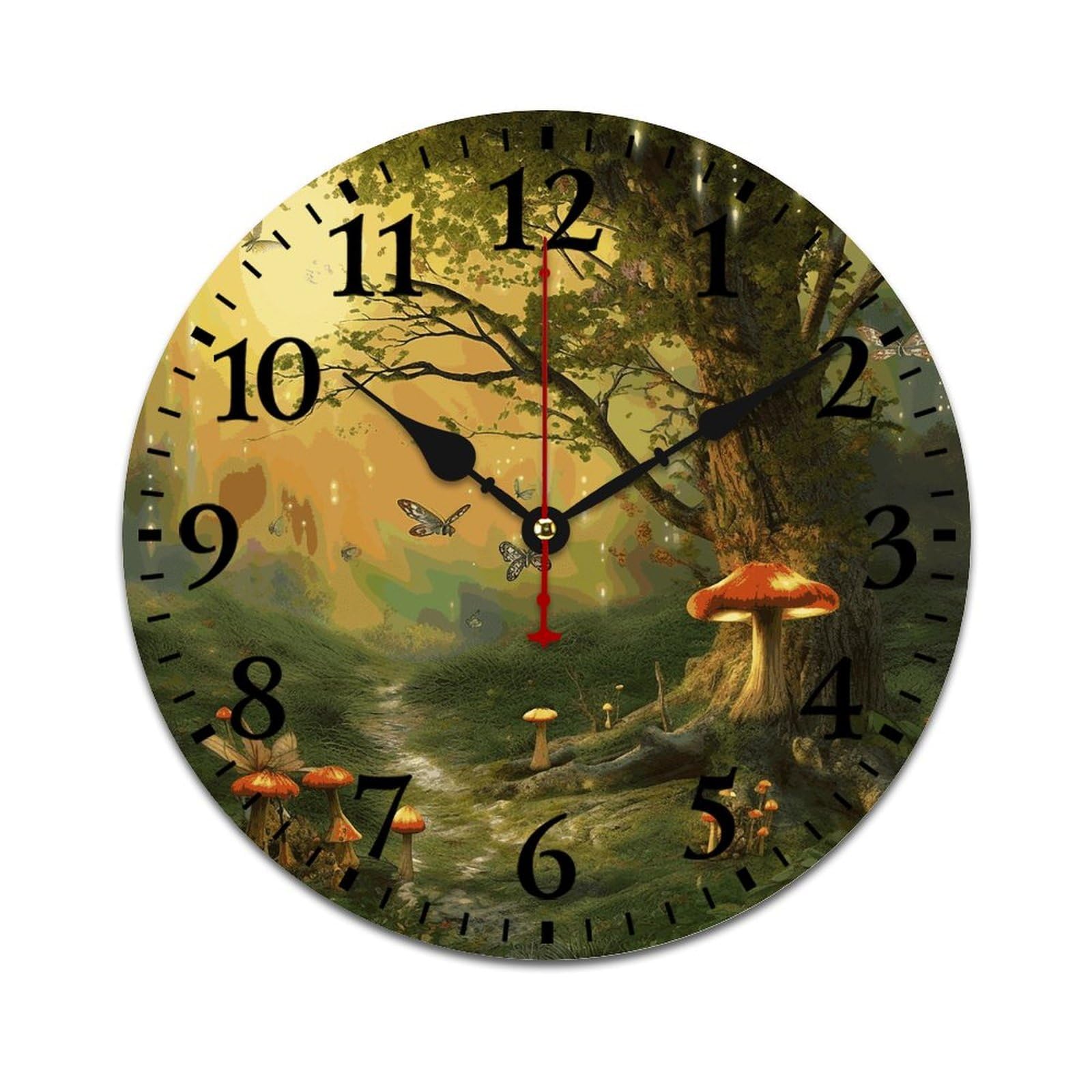 NTVOWPZO 10 Inch Wall Clock Wooden Forest with Fairies Butterflies Elves Battery Operated Wall Clocks Silent Non-Ticking Square Wall Clock for Living Room Kitchen Home Office Wall Decorative Clocks