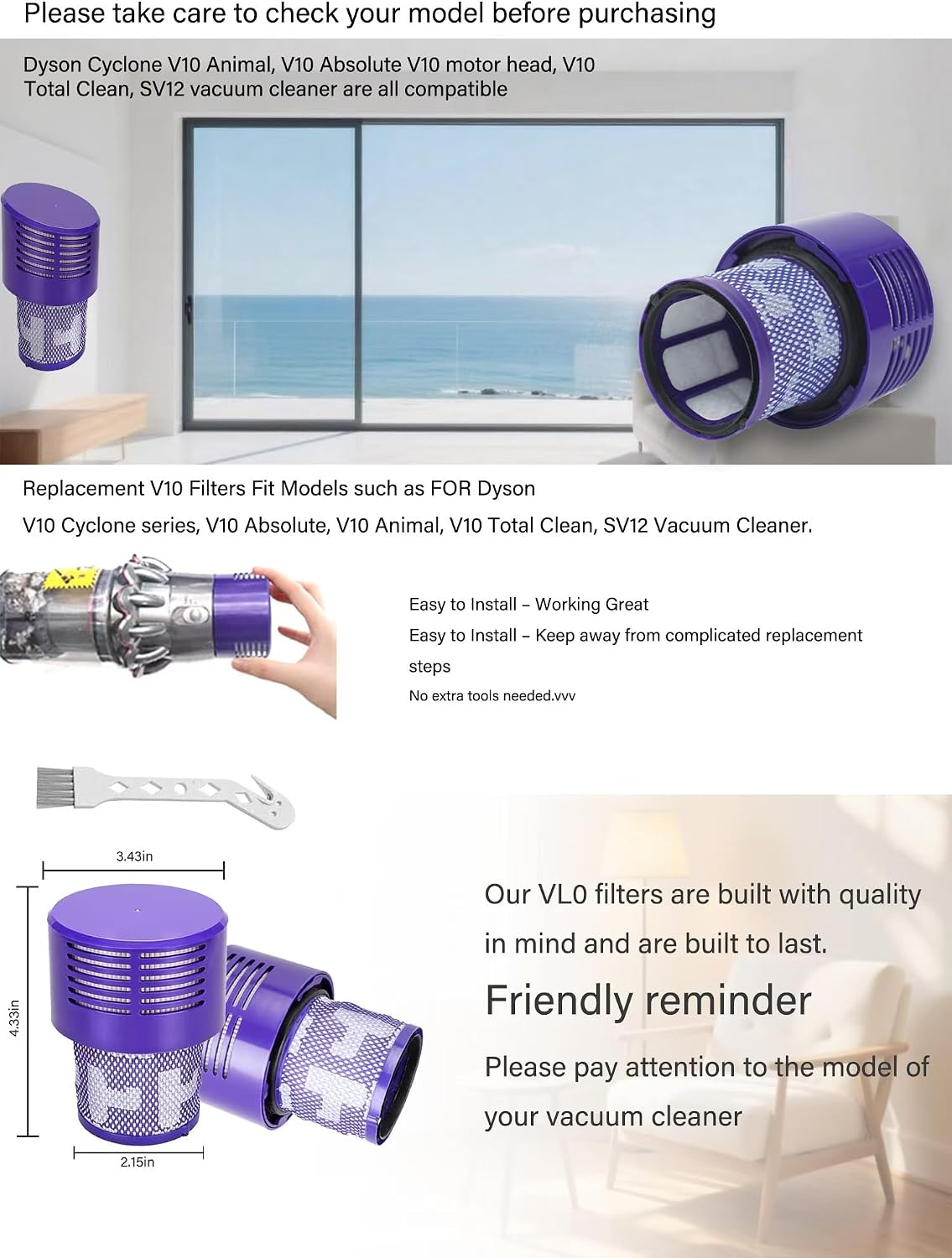 Suitable for Dyson V10 SV12 Replacement V10 Filter contains 2 filters and 1 cleaning brush. image 5