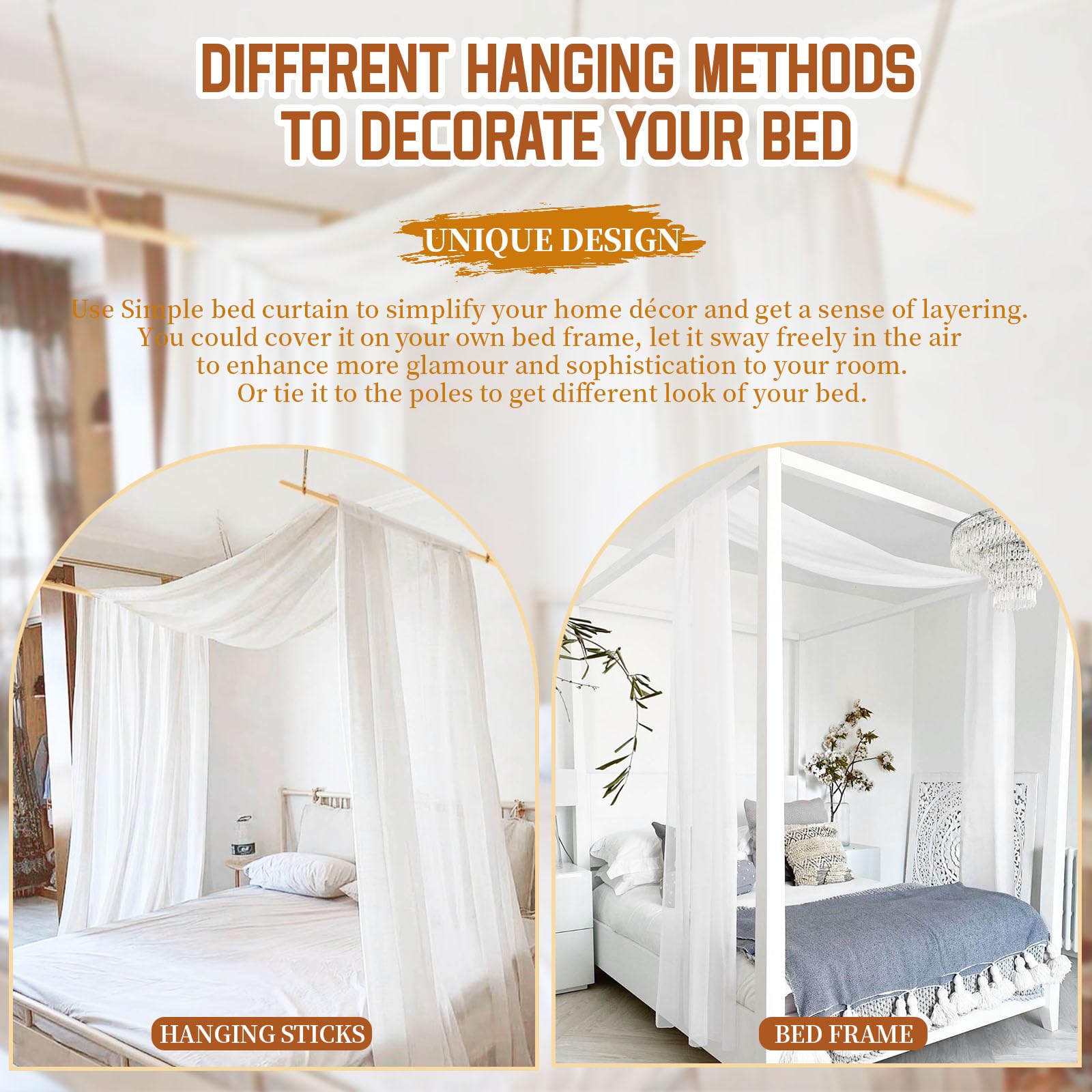 Showgeous Lot de 2 rideaux à baldaquin blanc de 140 x 548 cm pour cadre de lit double/grand lit, rideaux de lit transparents, voilages en tulle