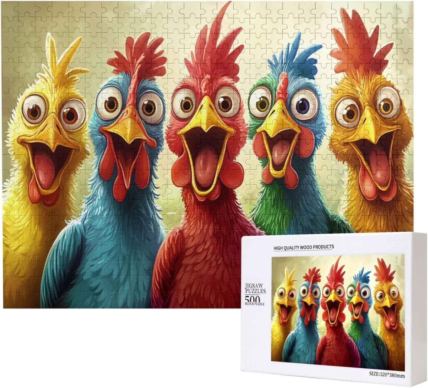 Colorful Screaming Chicken, 500 Pcs Adult Wooden Puzzles, Cartoon Styles, Fantastic Imagination, of Each Part, Entertainment Game to Exercise Patience and Hands-On Ability