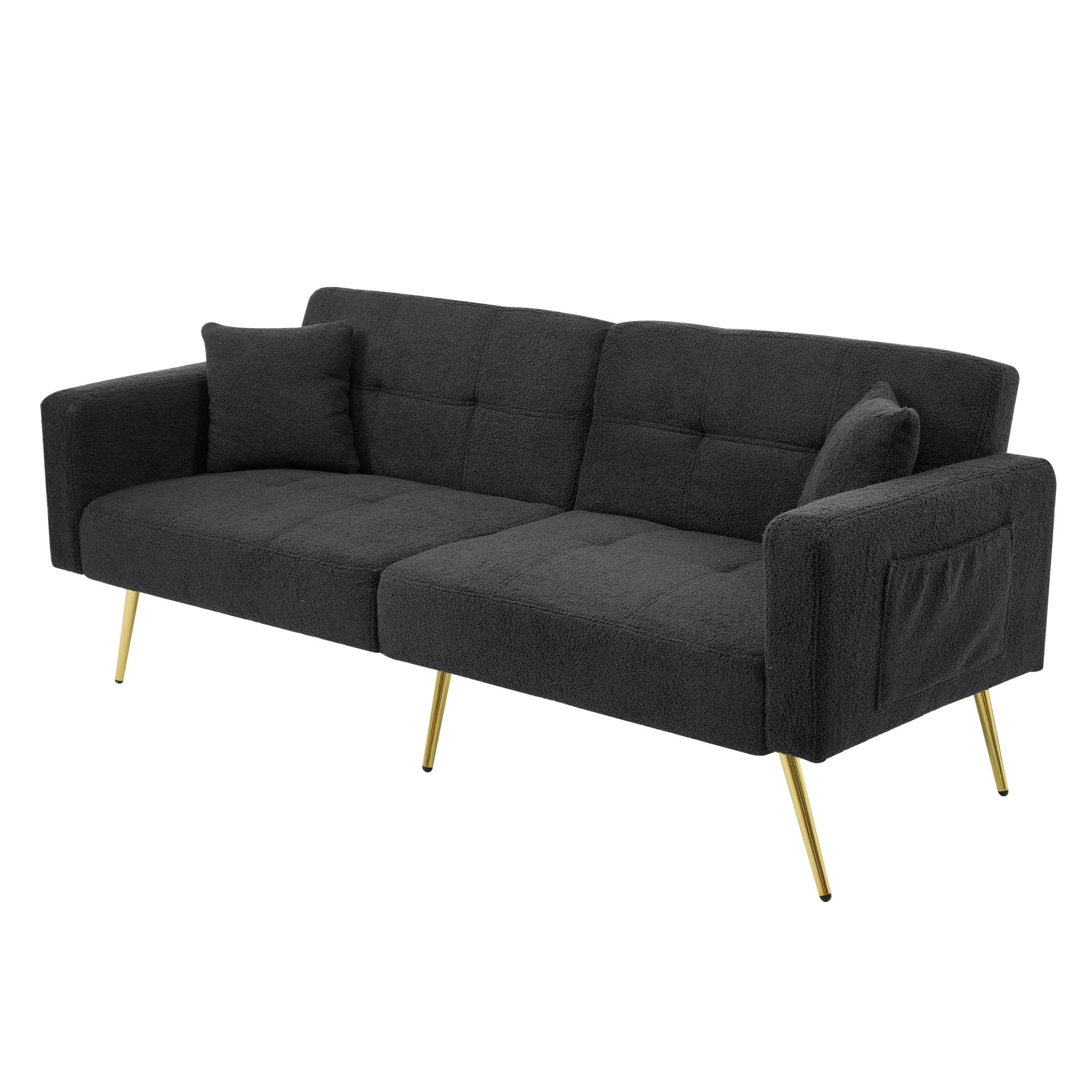 Kebnor Sofá cama con función de cama, ángulo ajustable, patas doradas, con cojines y bolsillos laterales de almacenamiento (gris oscuro)