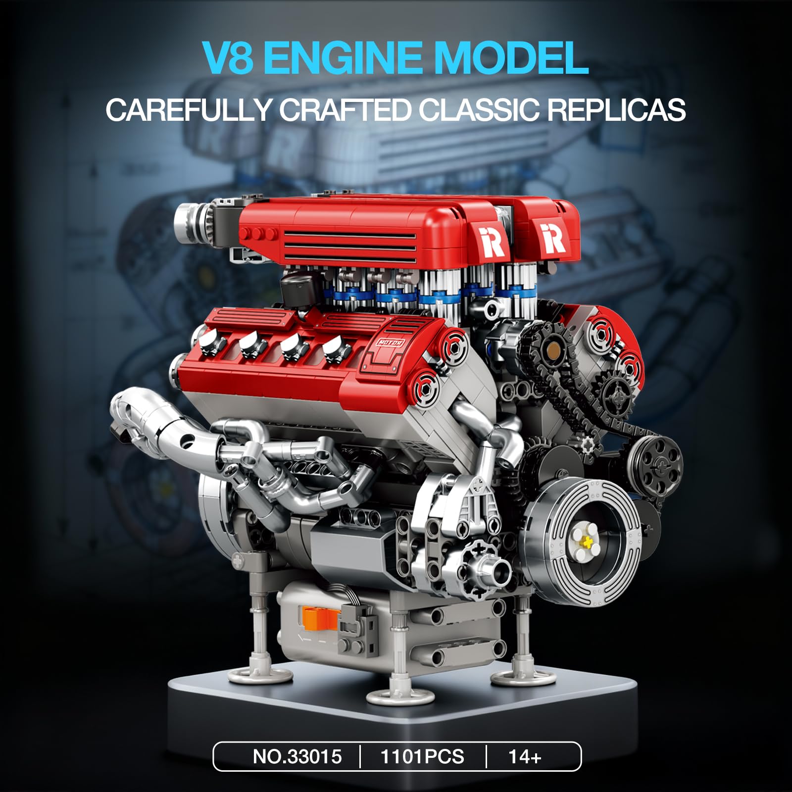 Reobrix 33015 Maquette Moteur V8 pour Adultes, Kit de Construction Mécanique 1101 Pièces avec Mouvement Réaliste des Pistons