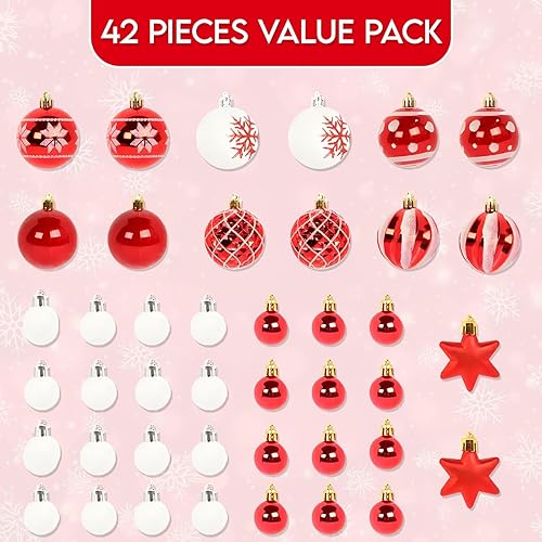 Miniatura 2 de Juego de adornos para árbol de Navidad, 42 piezas, adornos de Navidad inastillables, bolas blancas y rojas para decoración del árbol de Navidad,