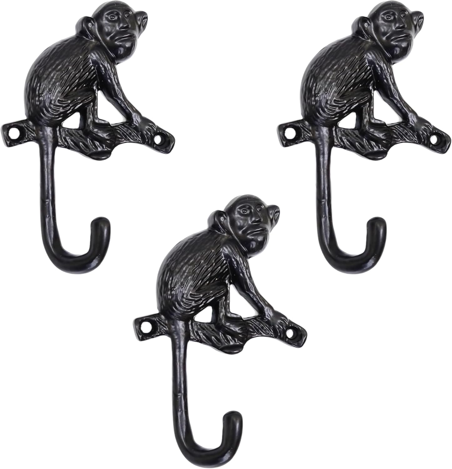 Set of 3 Cast Iron Monkey Shape Coat Hooks Wall Art Decor-Monkey Shape Hangers and Key Holder-Clothes Rack and Backpack Hanger-Coat Hooks Home Decor for Storage, Living Room, Hallway, Office