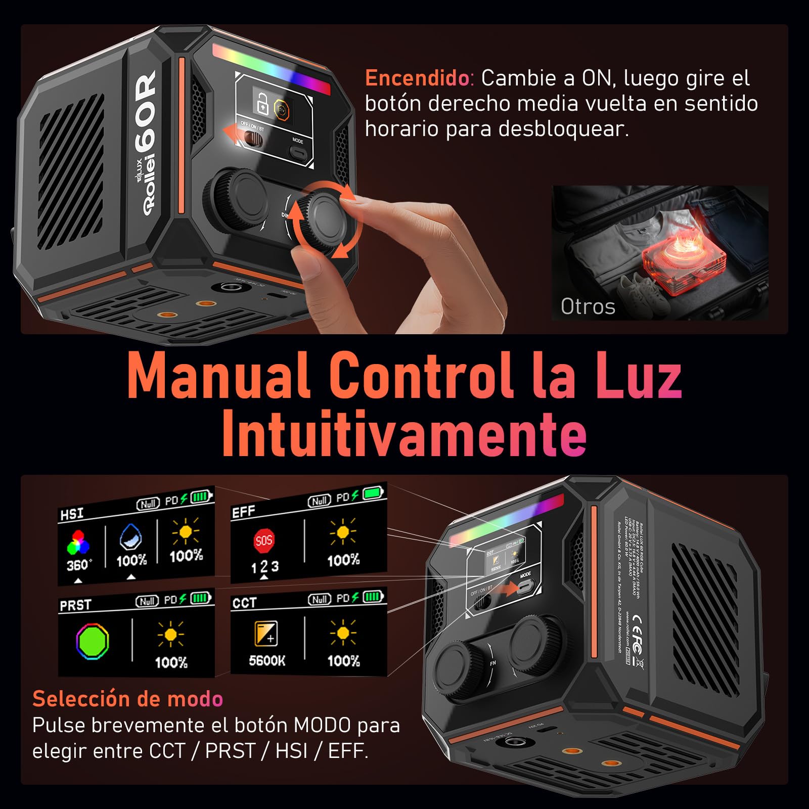 Rollei Lux 60 RGB Cube Foco Led Vídeo con Batería y Carga por DC/Tipo C | 60 W Luz Fotografía Ultra Compacto 911 g Iluminación Continua Control de App Candela, Foco-Luz-Led-Video-Fotografia