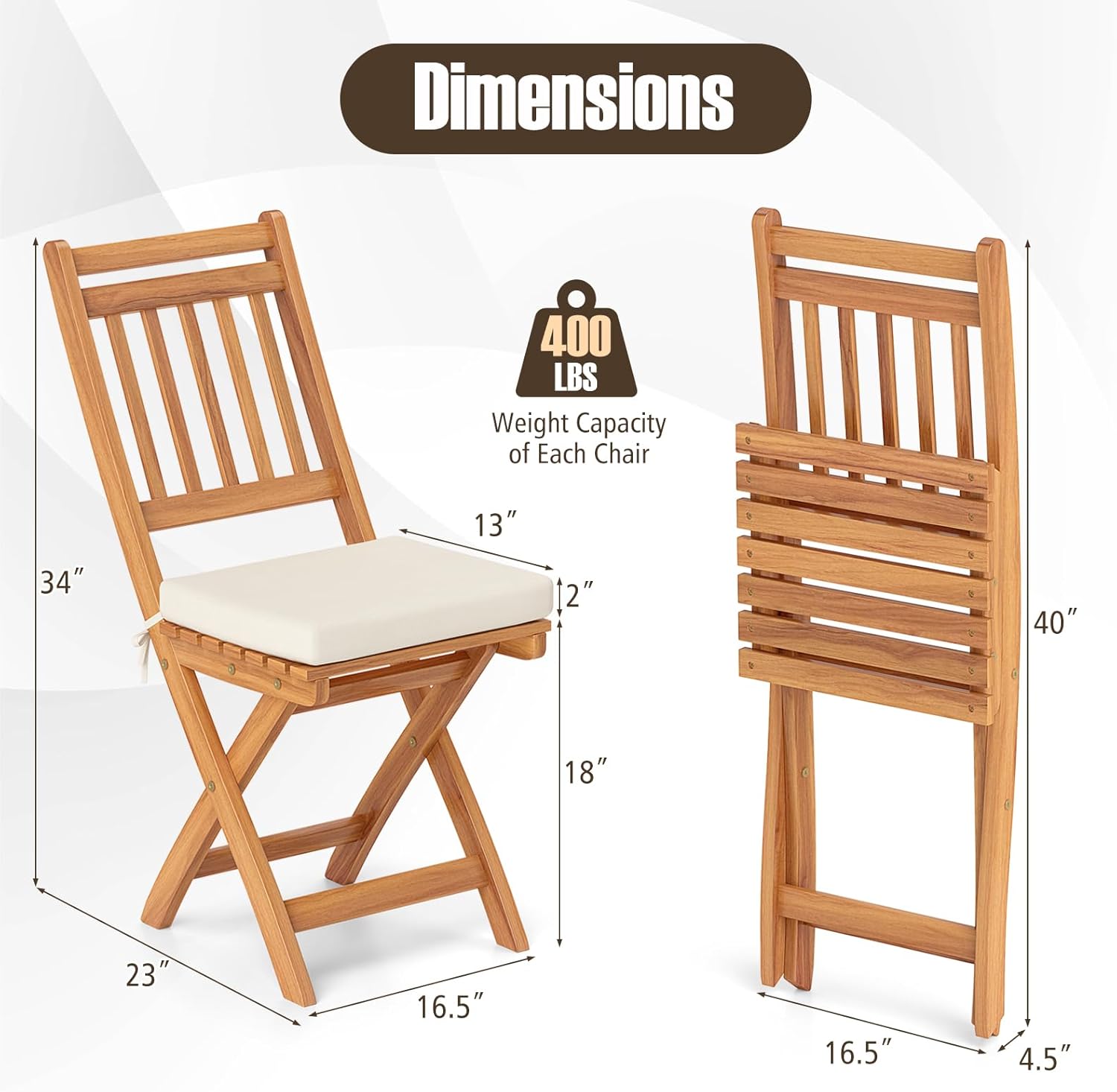 Tangkula Folding Patio Chairs Set of 4, Acacia Wood Slatted Dining Chairs with Seat Cushion, Lightweight Portable High-Back Chair, No Assembly Bistro Chairs for Backyard, Porch, Poolside (Vertical)