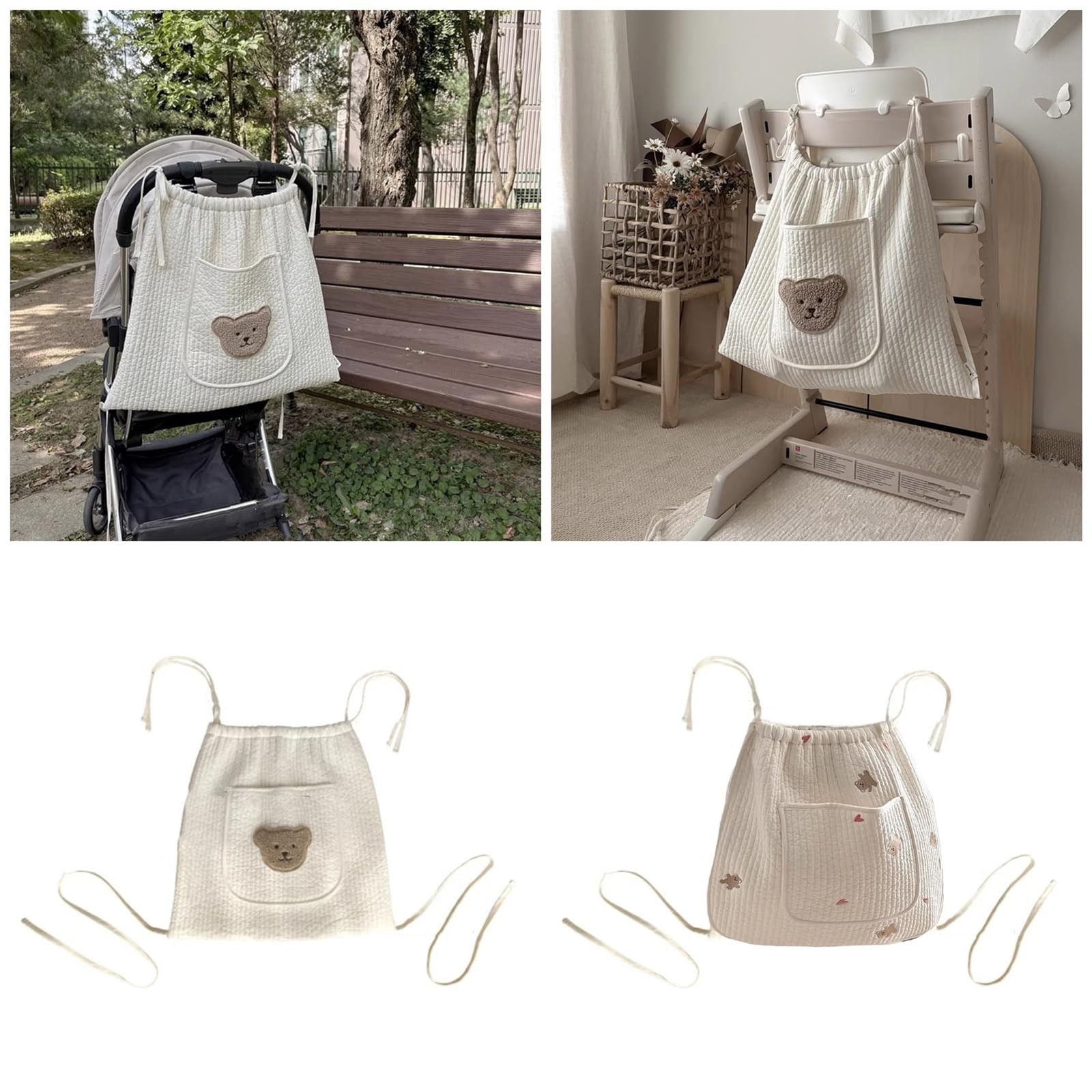 Borsa da appendere per passeggini e passeggini, borsa portaoggetti con orsetto ricamato, borsa multifunzionale organizer per pannolini