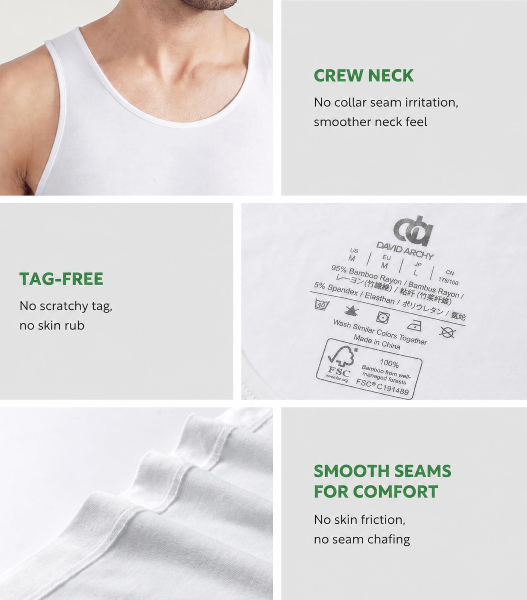 DAVID ARCHY Camiseta interior sin mangas para hombre, de rayón de bambú, absorbe la humedad, paquete de 3 o 5, Paquete de 5 bambú liso - blanco, Large