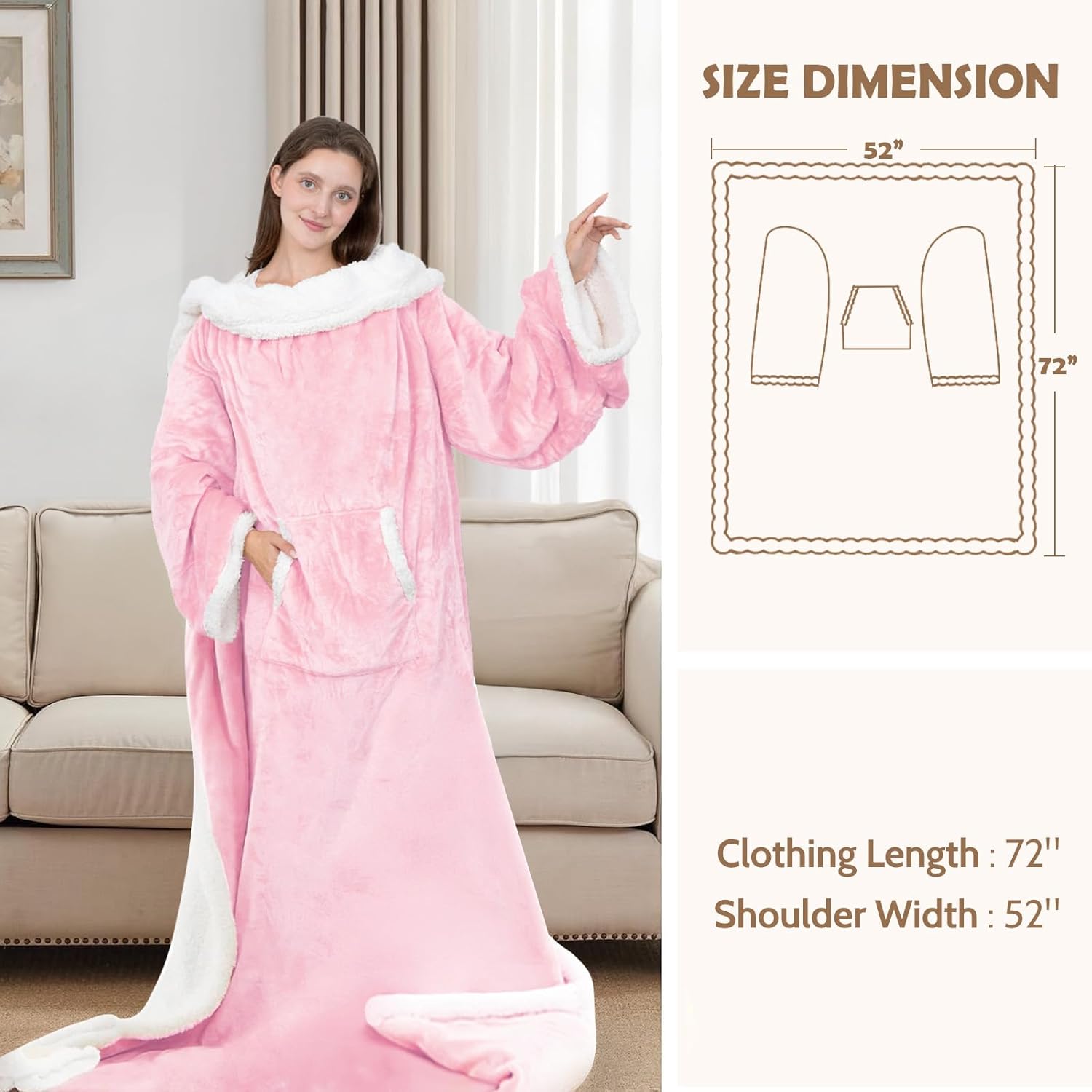 HOW'S MY HOUSE Wearable Heated Blanket with Sleeves and Foot Pocket, 52"x72" Electric Blanket for 6 Heat Settings, 12-Hour Timer, Flannel & Sherpa Pink - Image 7