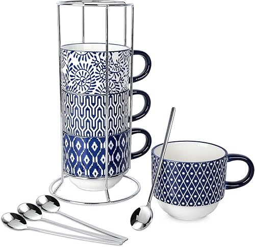 Selamica Juego de tazas de café de cerámica, apilables de 14 onzas, tazas grandes de capuchino de porcelana con cucharas y estante de soporte,