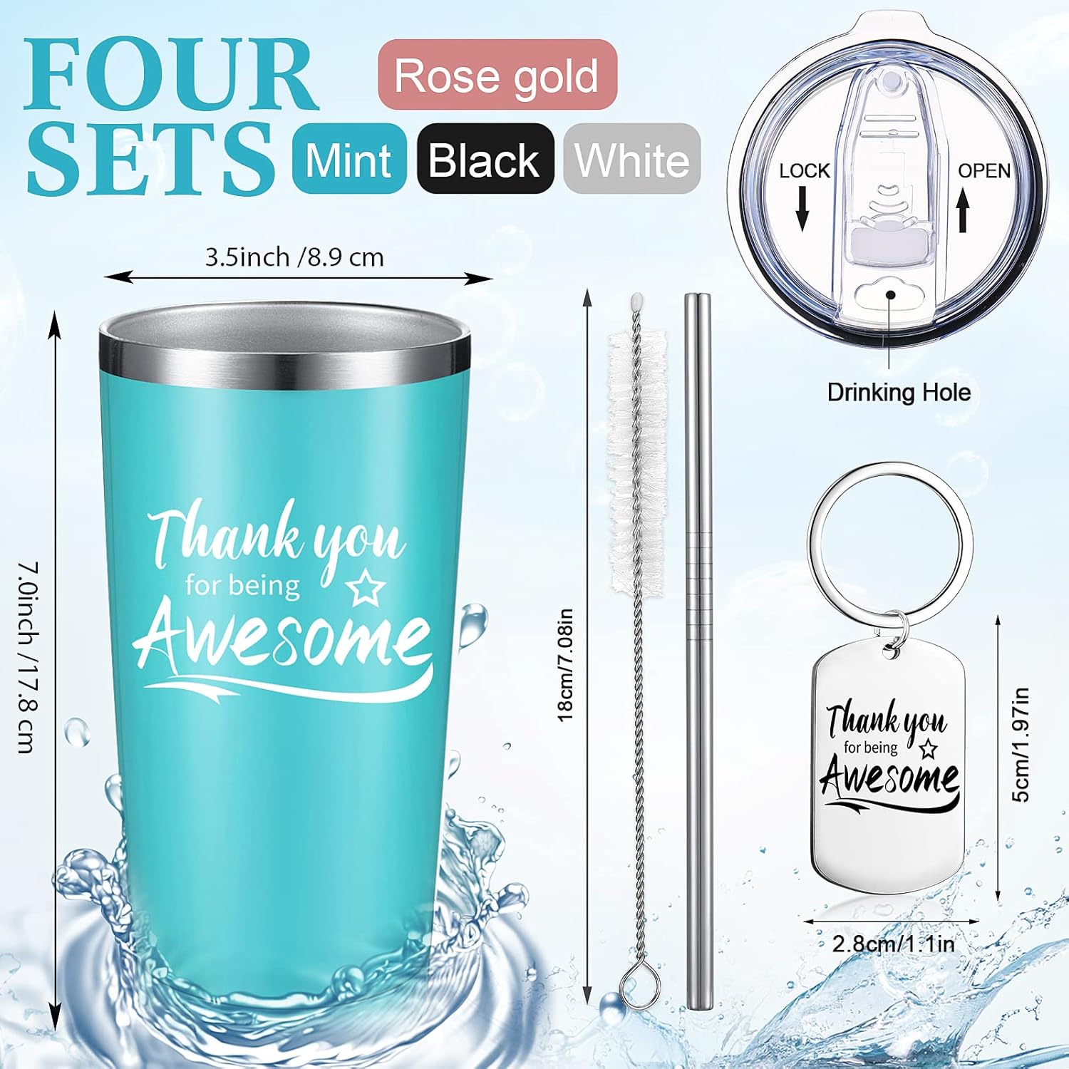 Sieral 8 Pieces Thank You for Being Awesome Tumbler, Thank You Supplies for Women Men 20oz Insulated Stainless Steel Travel Tumbler with Lid and Straw Appreciation Gift with Keychain (Classic Color) - Image 2