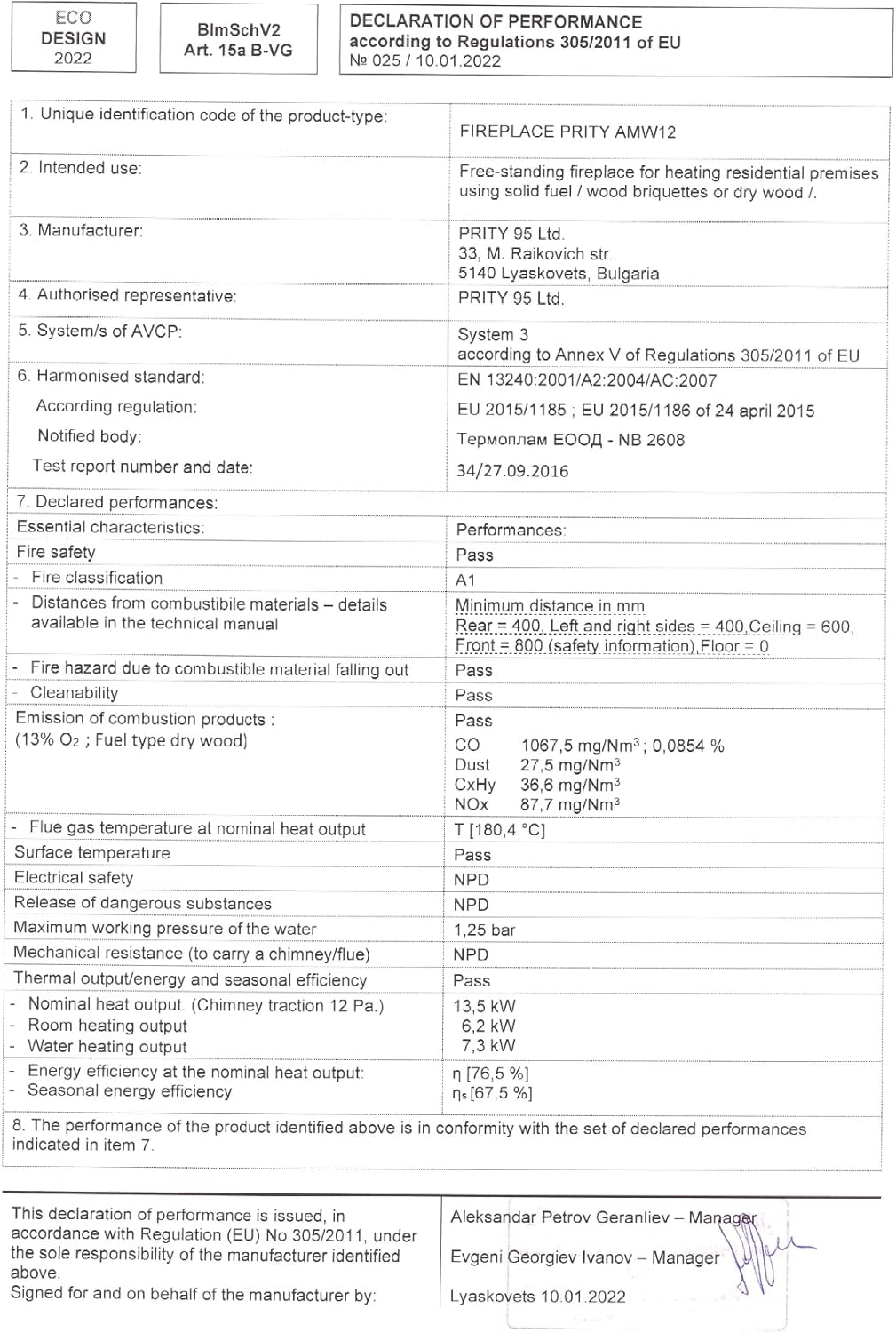 English Declaration of Performance for Prity AMW12, detailing compliance with standards and technical data.