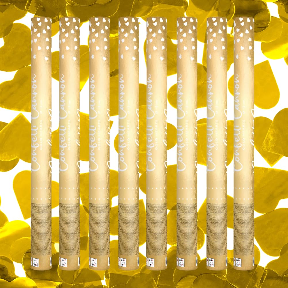 8 Stück Konfettikanone Herzen Gold 60cm - Reichweite 5-8m - Konfetti Launcher Hochzeit Brautpaar Regen Metallisch Druckluft - Geburtstag oder Silvester - Zenda Club