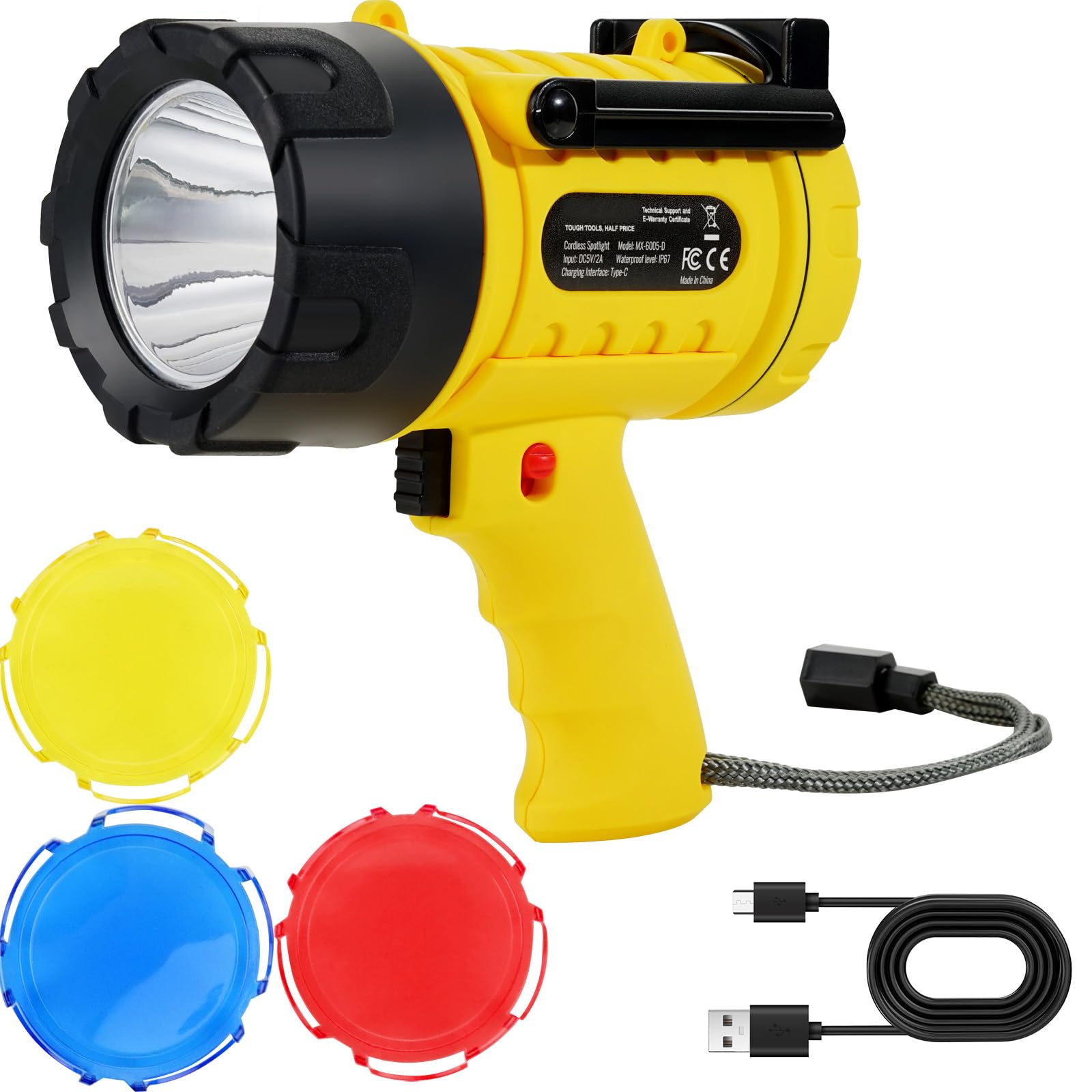 Happybuy Rechargeable Spotlight Flashlight, 1,000,000 Lumens, IP67 Waterproof LED Handheld Searchlight, Super Bright Portable Light with 4 Modes,