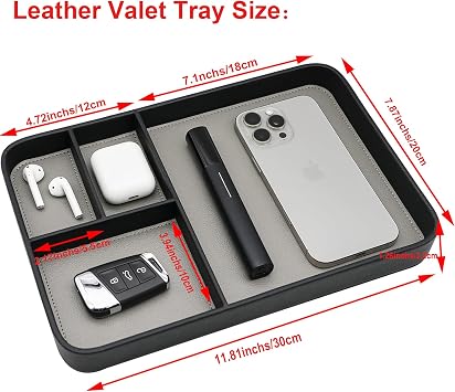 Leather Valet Tray,Modern Desk & Entryway Storage Tray, Practical Catchall Organizer for Daily Accessories for Keys, Phone, Wallet, Watch and Jewelry