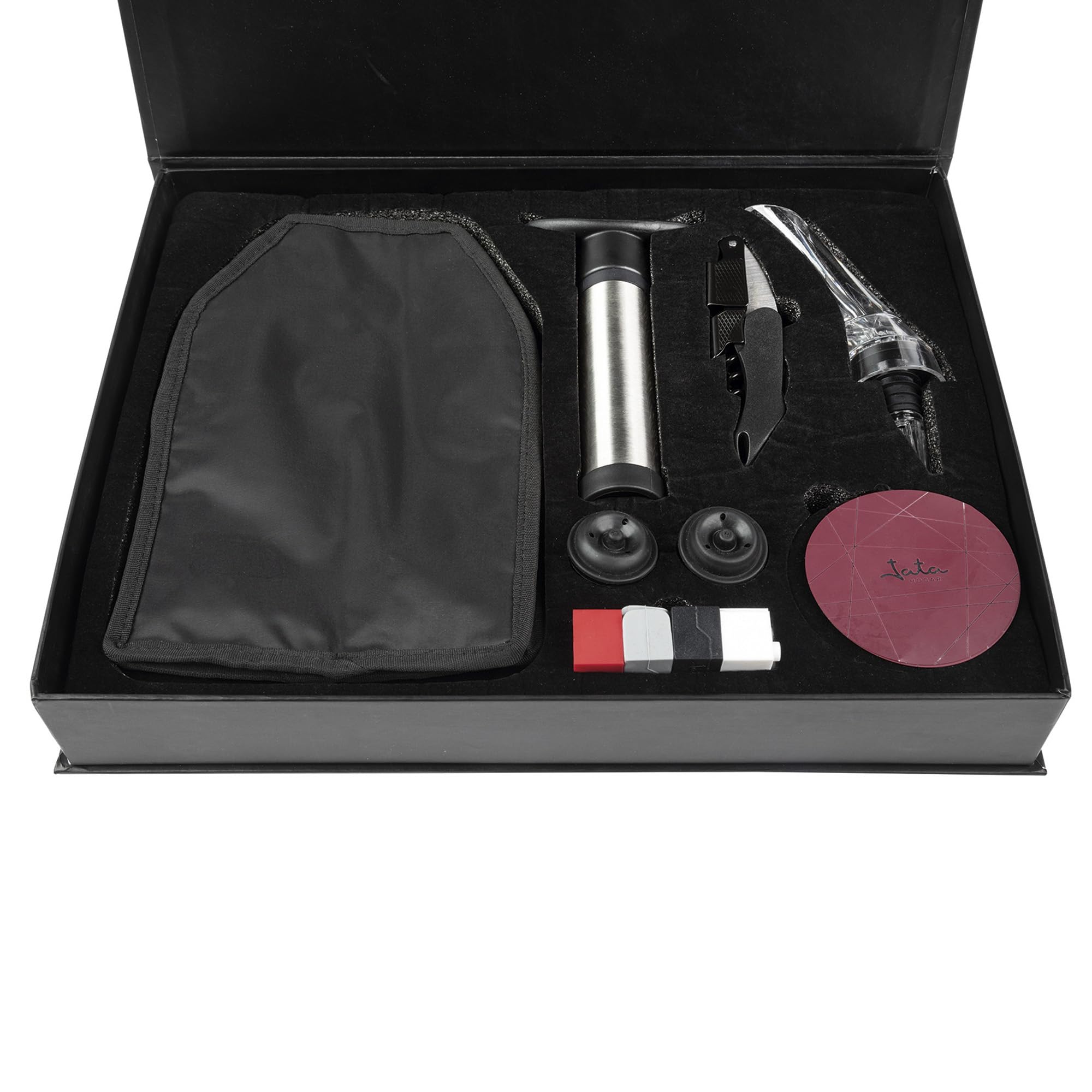 JATA HOGAR HVIN2323 - Accessori vino 16 pezzi. Cavatappi, decanter, custodia per raffreddare bottiglie, tappi, marcatori di tazze, pompa per vuoto e versatori. Ideale come regalo