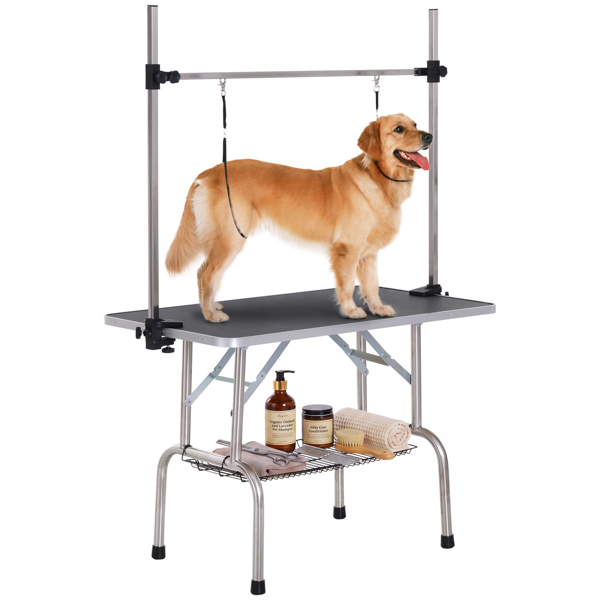 PawHut 42' Foldable Dog Grooming Table Adjustable Pet Cat Rubber Top Black