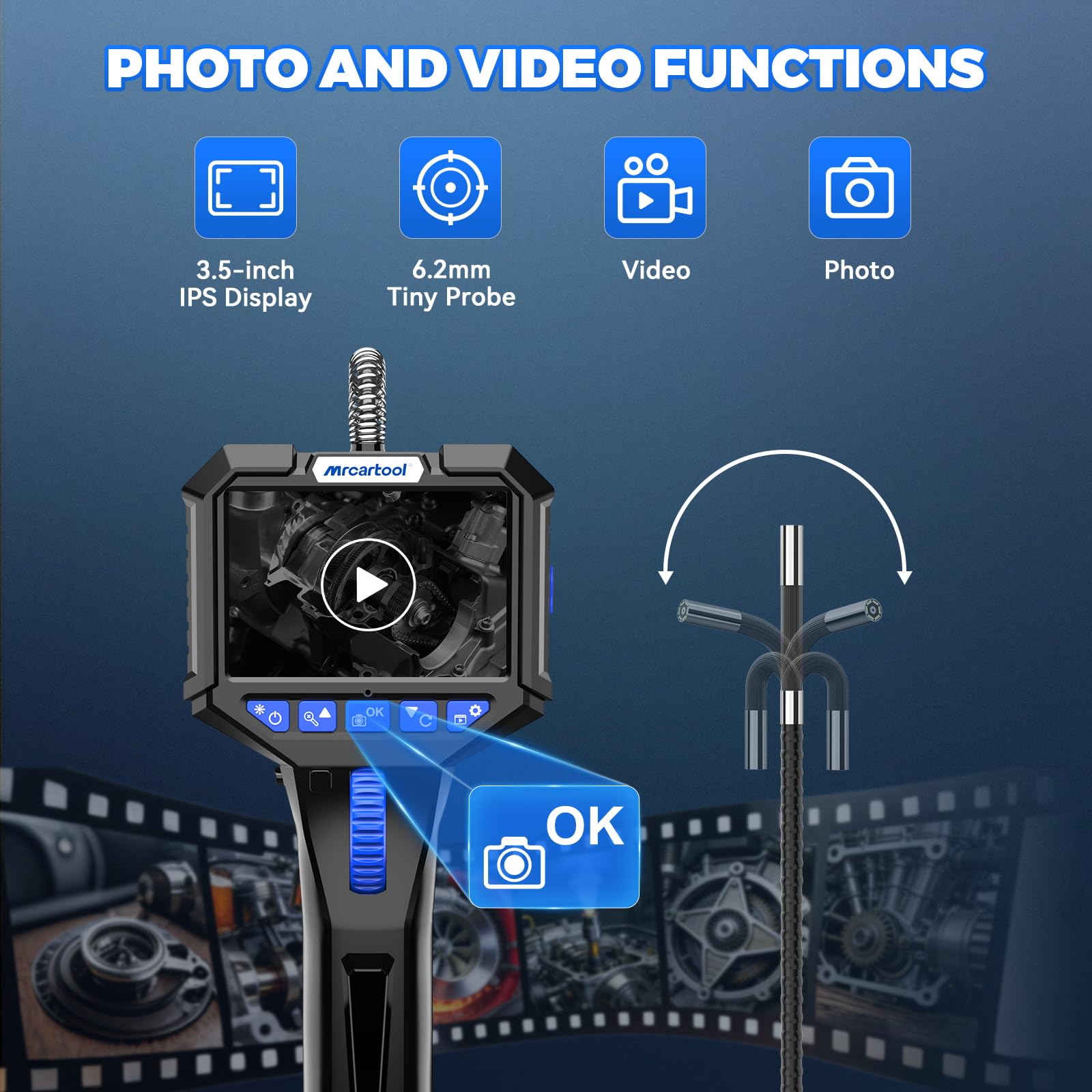 MRCARTOOL - Telecamera endoscopica con luce endoscopio con serratura da 6,2 mm, telecamera di ispezione 3,5" HD 1080P con scheda SD da 32 GB, rotazione a 210°, 6 LED, IP67, cavo semi-rigido da 1 m