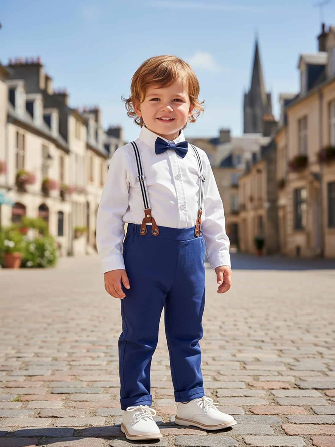 Boarnseorl Baby Boys Pants Sets, Infant Long Sleeve Shirt + Pants + Bow Tie + Suspenders Outfits