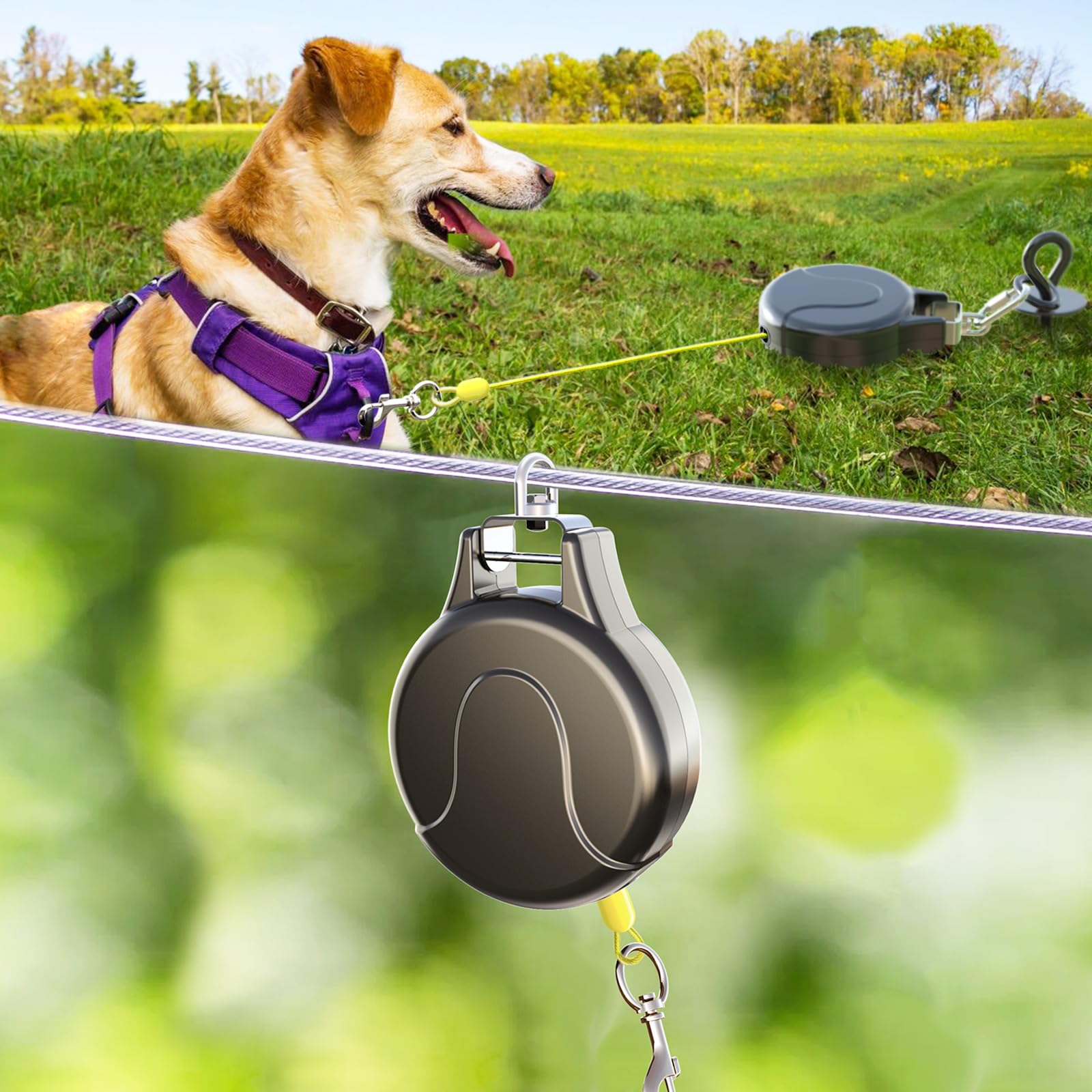 Câble d'attache rétractable 2 en 1 pour chien, 9,1 m, pour tyrolienne pour chien, câble d'antenne pour chien ou piquet pour chien, ancre pour chien, bobine d'attache rétractable sans enchevêtrement