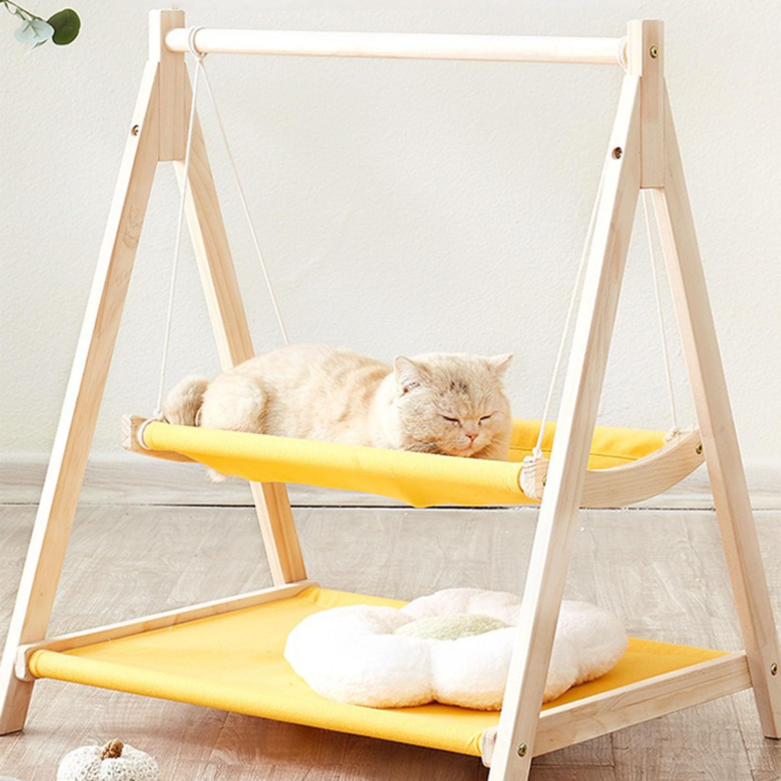 Cama Hamaca con Columpio para Gatos, Cama Elevada para Gatos de 2 Capas con Marco de Madera, Soporte de Carga Fuerte, Resistente a los Arañazos, Juguetes de Columpio para