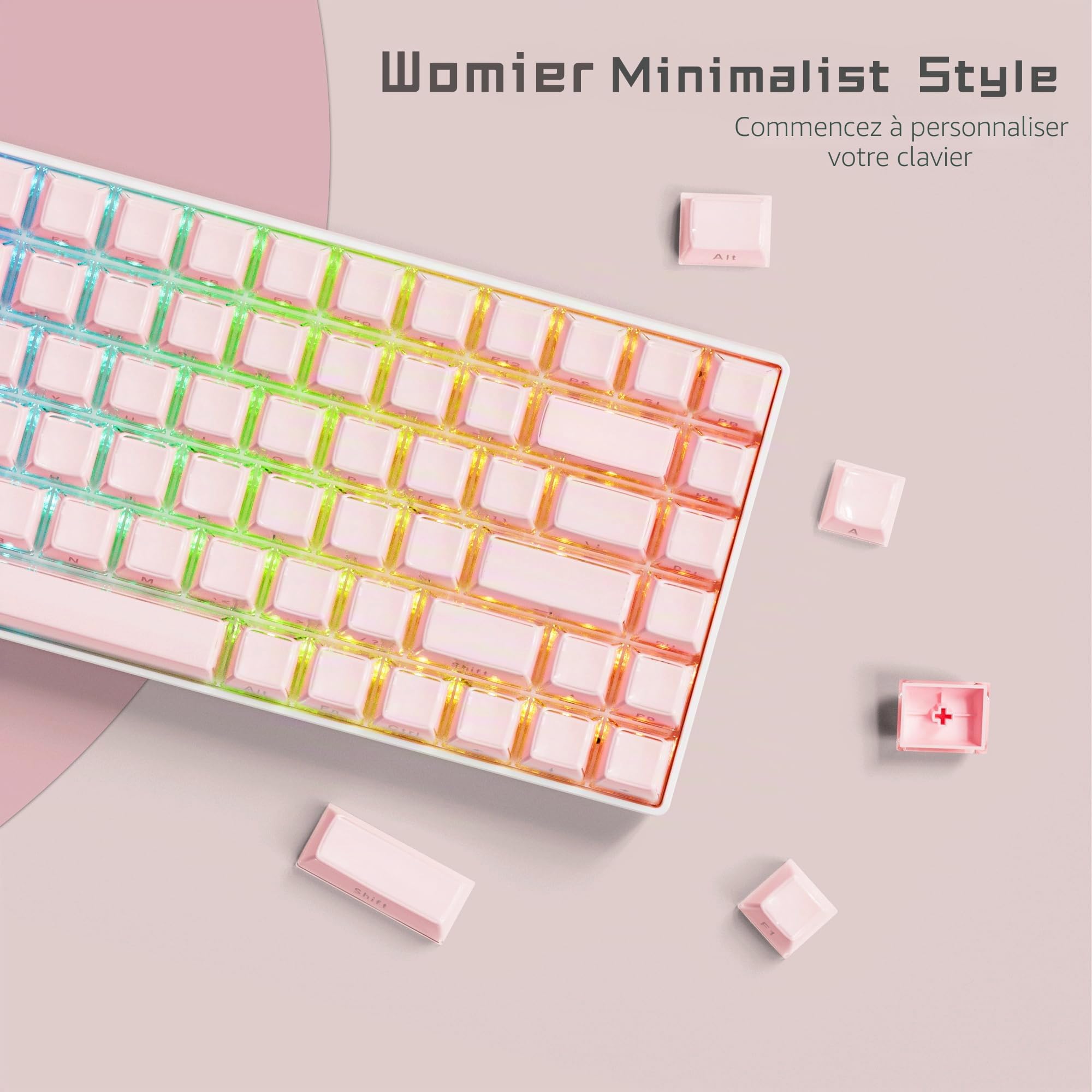 Womier Jelly Keycaps-Crystal Cute Keycaps Pink 60 65 75 100 Percent, Side Printed Elegant Key Caps Custom113 Keys, OEM Profile for 61/68/84/87/98/100 Cherry Gateron MX Mechanical, Pink