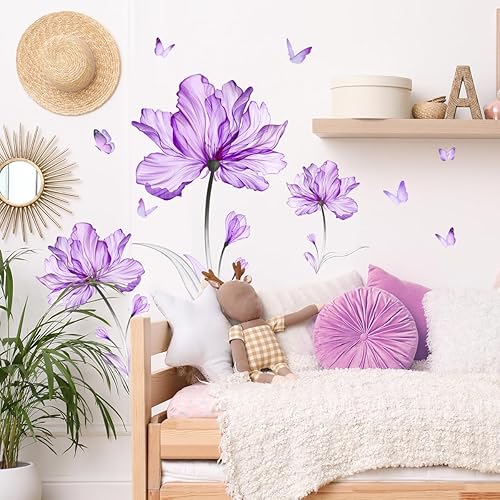 Miniatura 4 de Pegatinas de pared de flores moradas grandes, papel tapiz de mariposa, sala de estar, dormitorio, fondo de TV, decoración del hogar