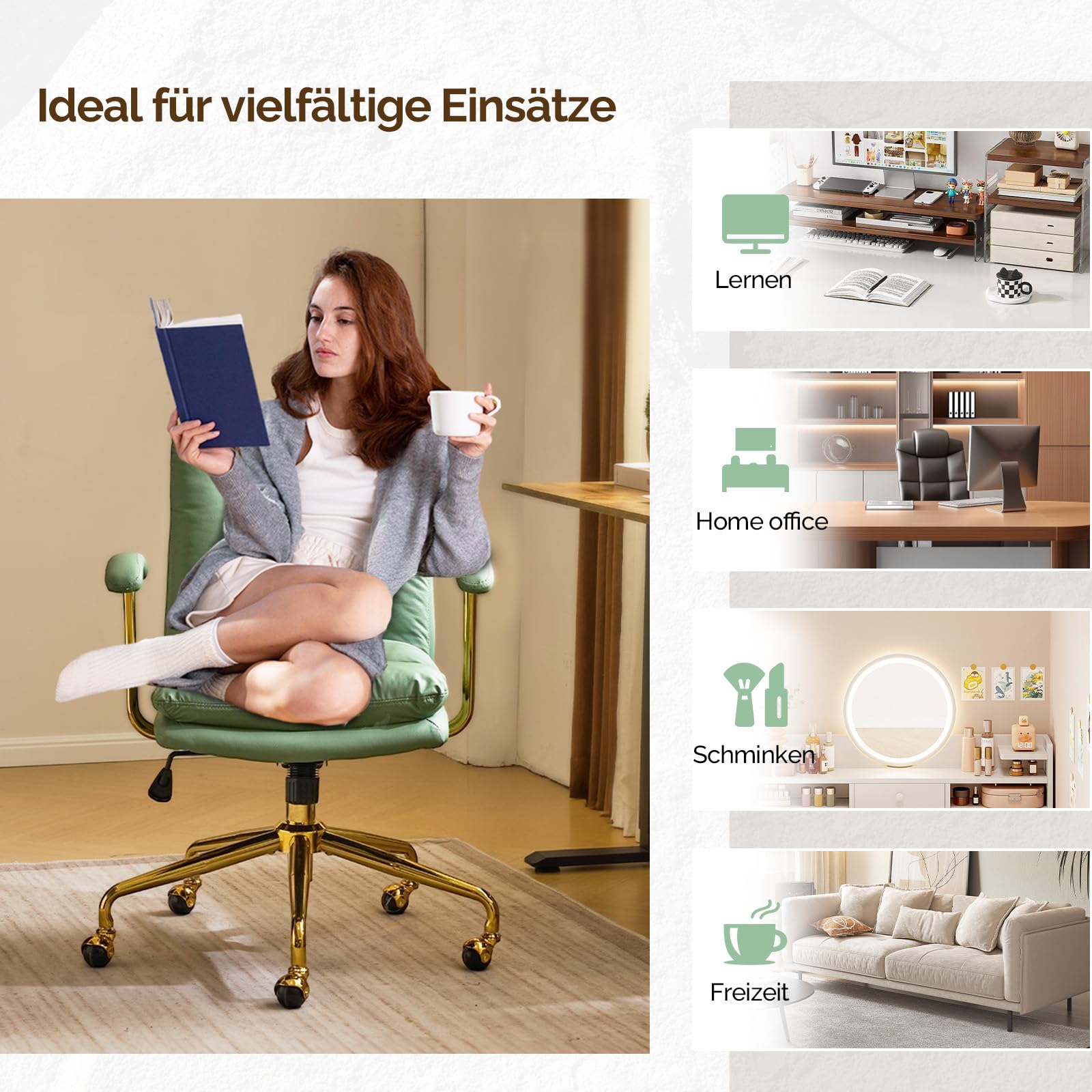 Bonnlo Bürostuhl Ergonomisch, Schreibtischstuhl mit Goldenen Armlehnen, Chefsessel, Drehstuhl mit Rollen, Höhenverstellbar & Kippfunktion, Homeoffice (Kratzfestes Leder, Grün)