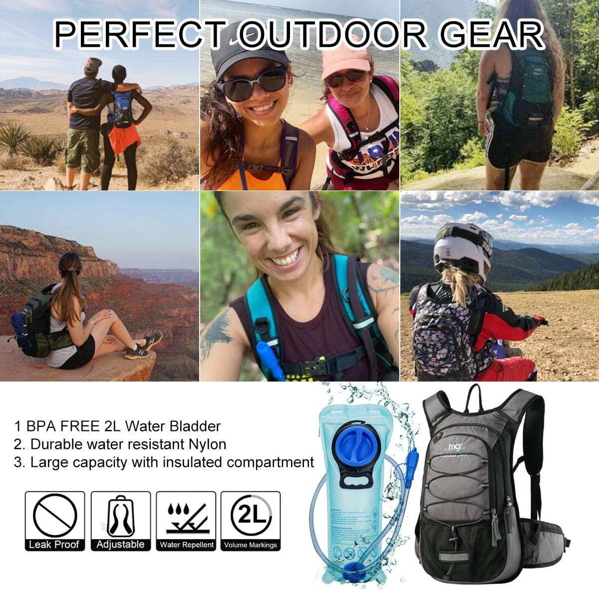 Mubasel Gear Insulated Hydration Backpack Pack with 2L BPA Free Bladder - Keeps Liquid Cool up to 4 Hours – for Running, Hiking, Cycling, Camping