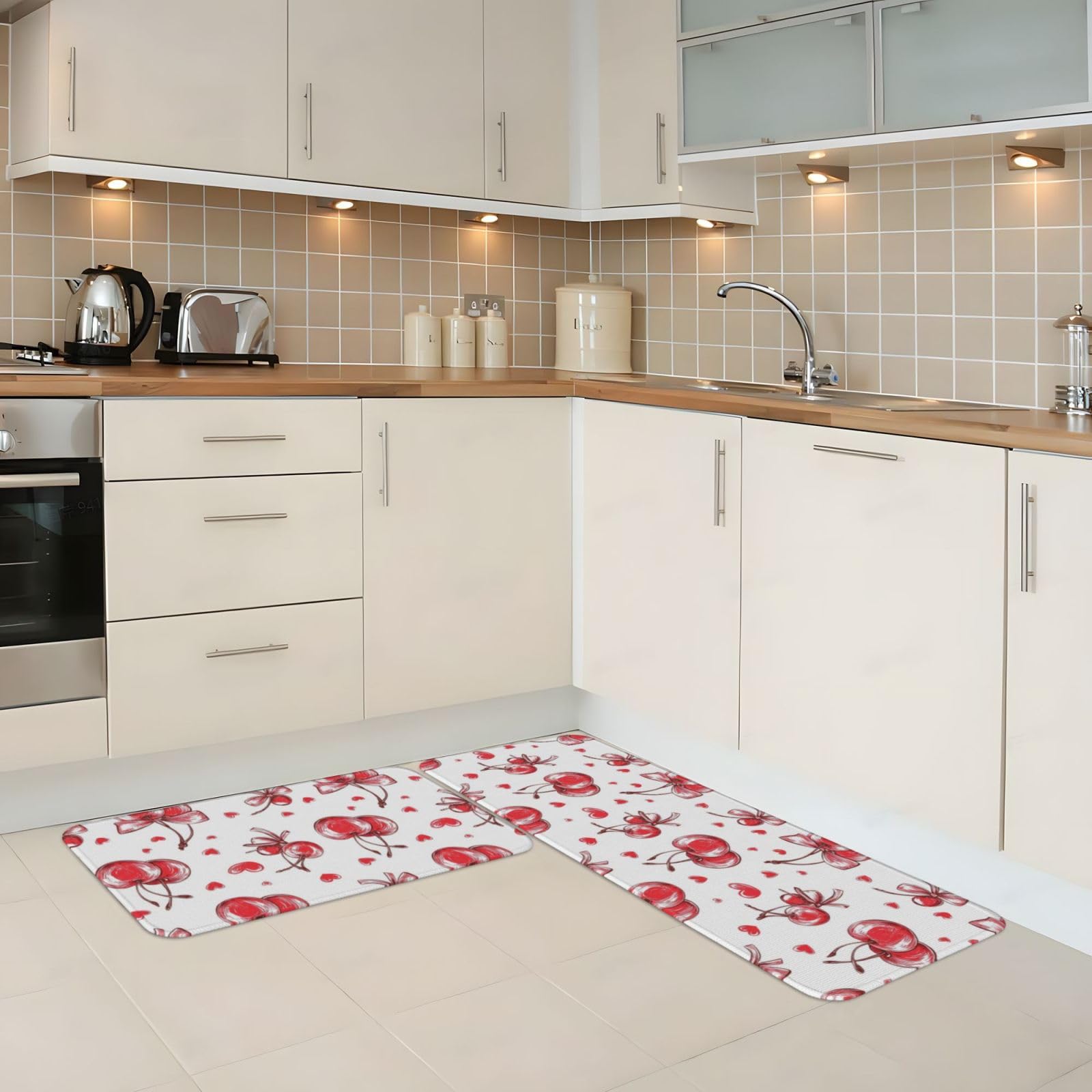 GVYGVY Antifatigue Kitchen Mats for Floor 2 Piece - Bow Cherry Print Kitchen Rugs Washable, Non Slip Runner Rug Standing Mat for Office/Bathroom/Laundry/Home Decor and Accessories