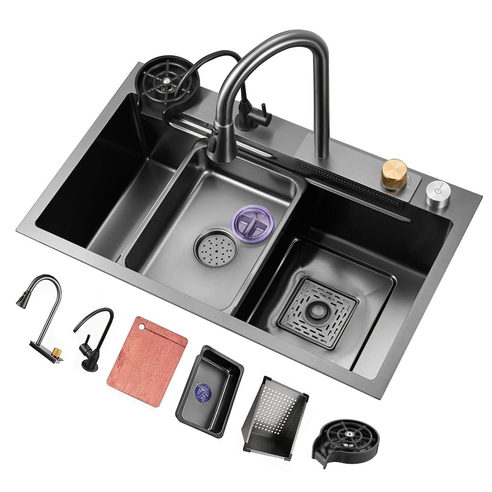 Évier cascade en acier inoxydable 304 noir nano moderne pour cuisine