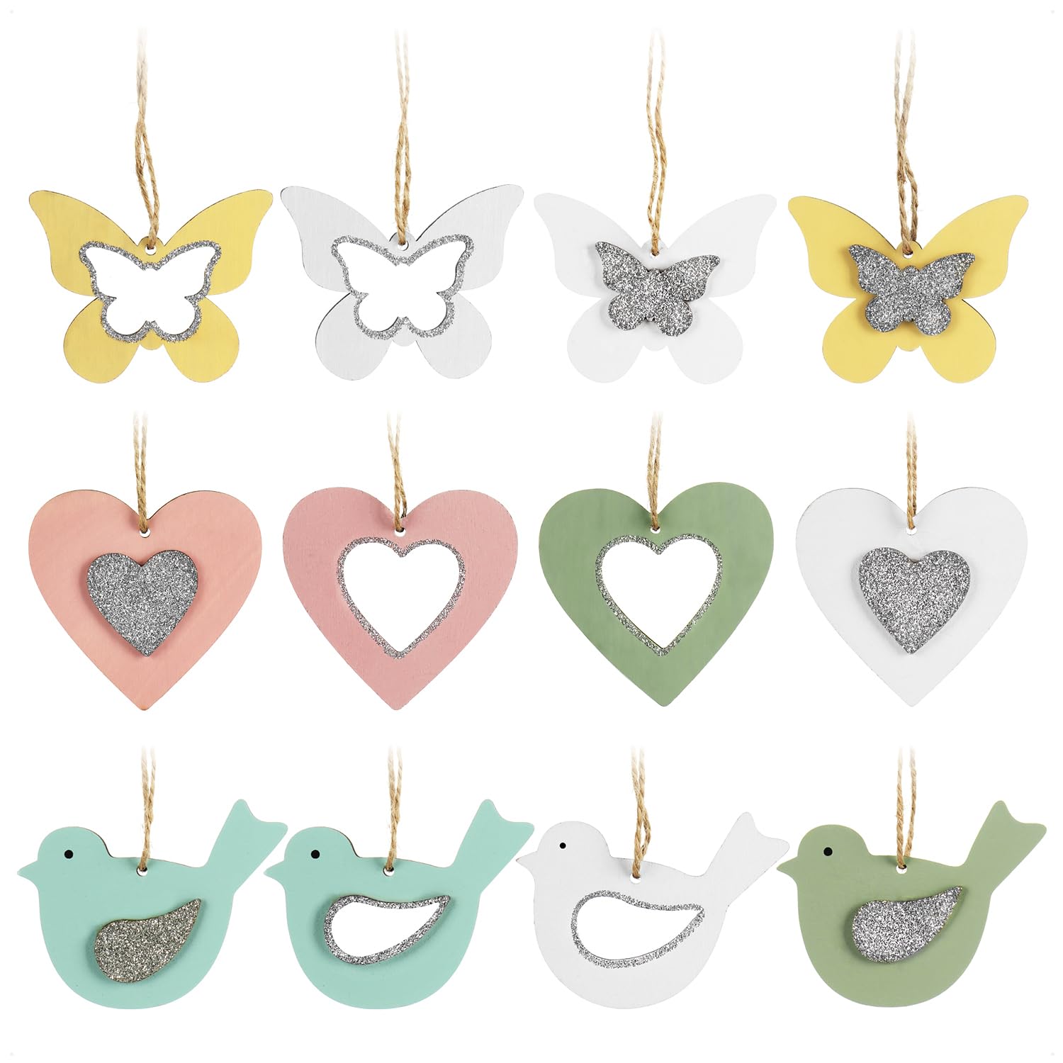 COM-FOUR® 12x decorative hangers made of wood with glitter - butterfly, heart and bird for hanging - spring decoration (12 pieces - 5 colors)