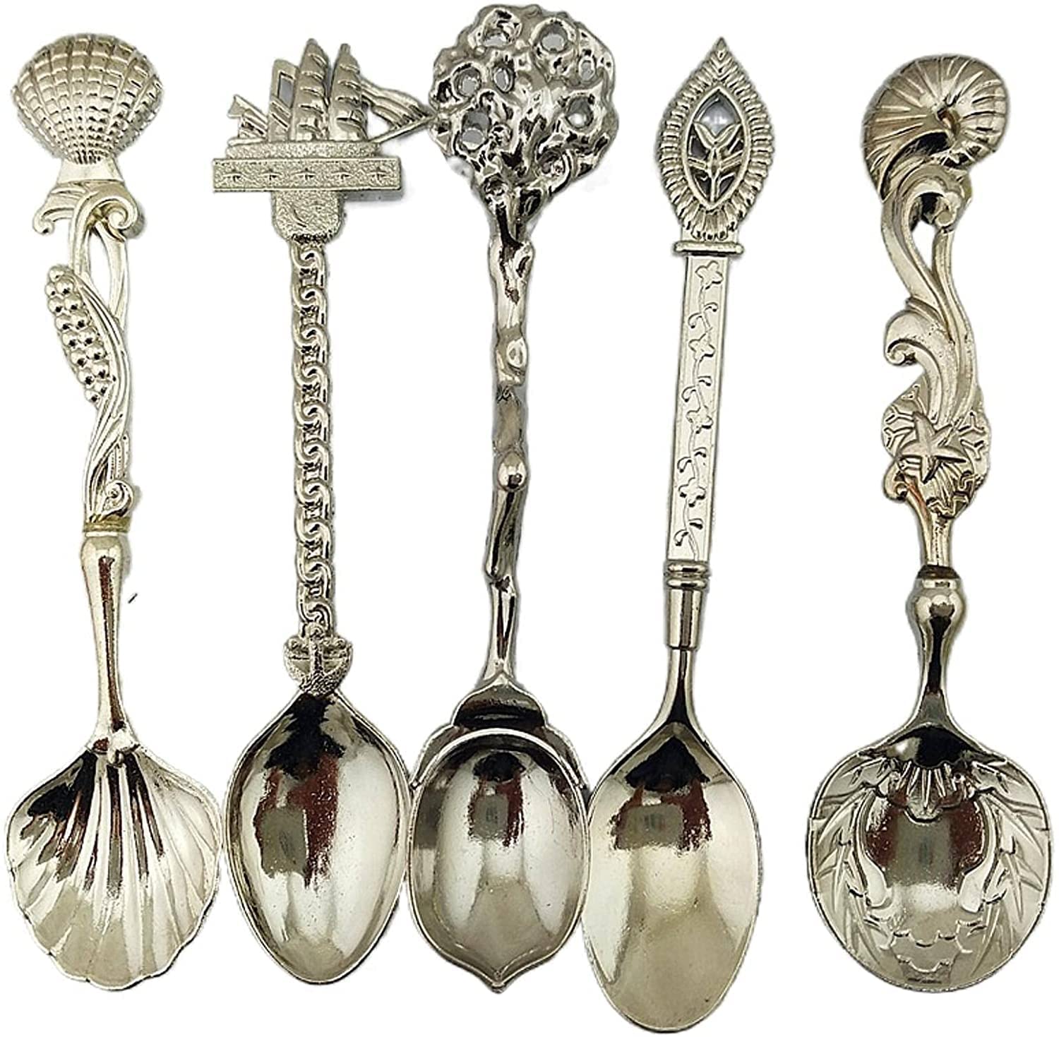 Cucchiaini Dessert Zuppa 5 Pz Occidente Retro Cucchiai Cucchiaini da caffè Bevanda Gelato Strumenti Stiranti Stirring Cucchiaio Flatware Accessori cucina Resistenti Cucina(Gold)