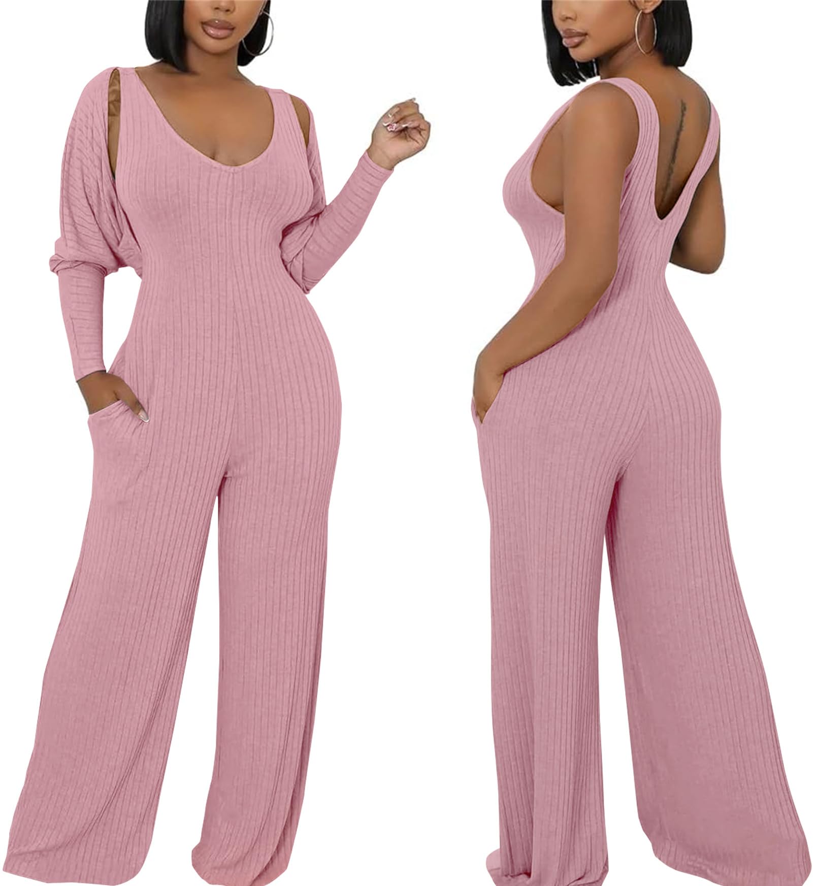 calebgar Women Casual 2 Piece Outfits Ribbed Knitted Batwing Sleeve Cardigan Tank Top Wide Leg Jumpsuit Set with Pocket-picture-24