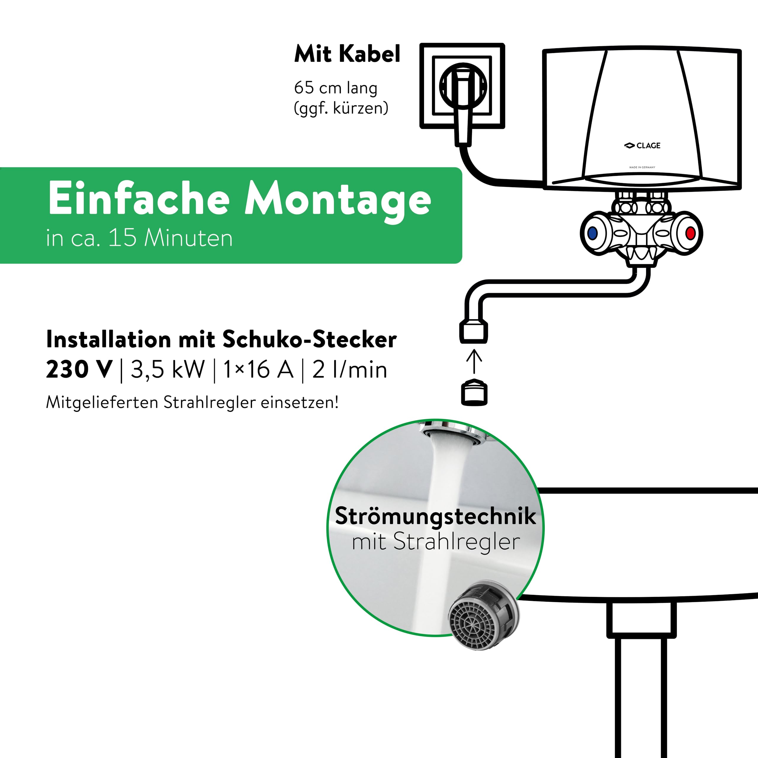 CLAGE M3/SMB hydraulischer Klein-Durchlauferhitzer im Set mit Zweigriff-Waschtischarmatur, Übertisch, 3,5 kW, mit Stecker, nur für drucklose Armaturen, VDE-GS geprüft, 1500-17103