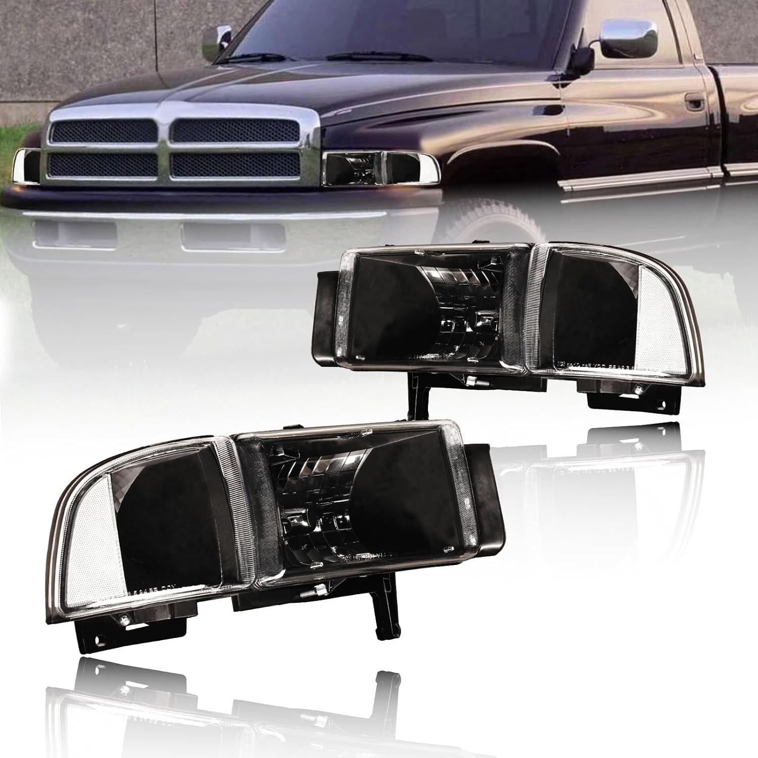 Headlights Compatible with 1994-2001 Dodge Ram 1500/1994-2002 Dodge Ram 2500 3500(DON'T Fit SPORT & Ram VAN Models) Clear Reflector Black Housing